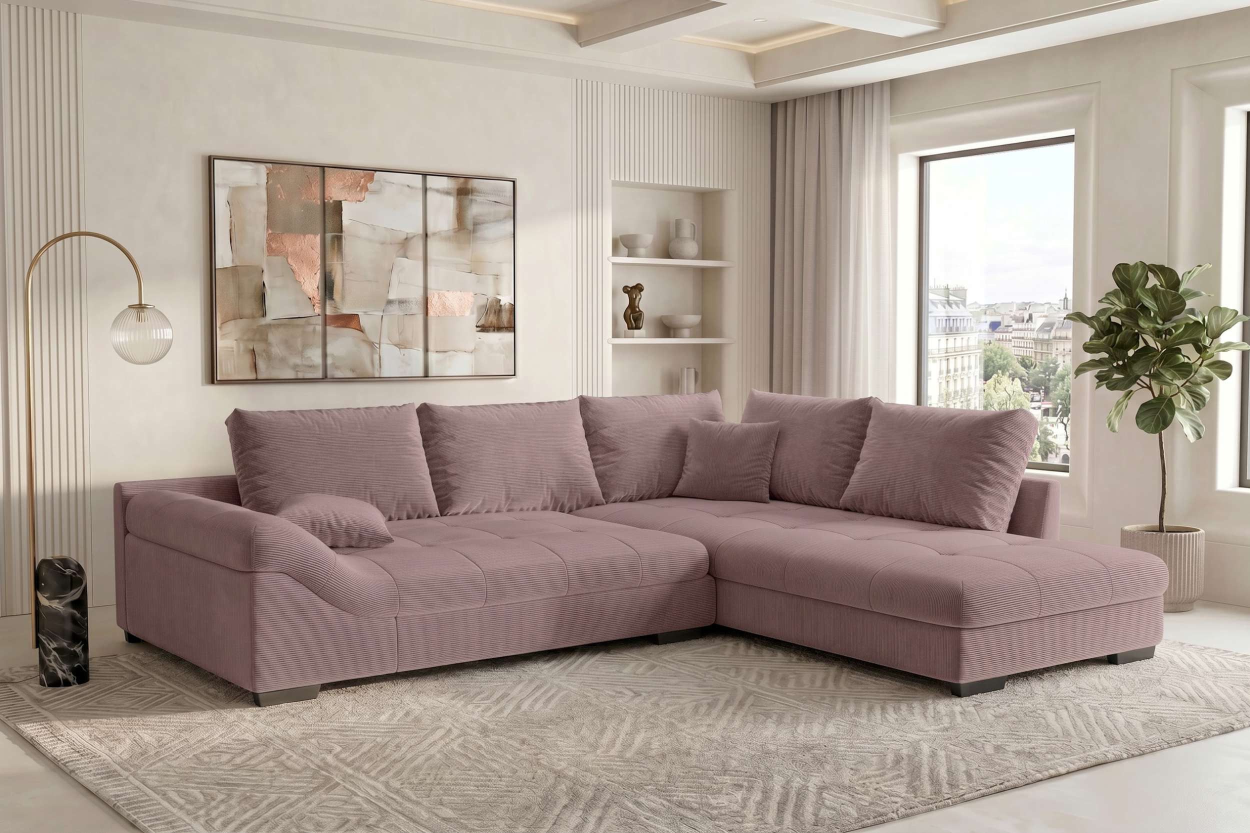 Sofa Dreams Ecksofa Couch Mykonos L-Form in Stoff, Ecksofa, L-Form, Inkl. 5 Rückenkissen, mit Rundumbezug, Wellenfederung