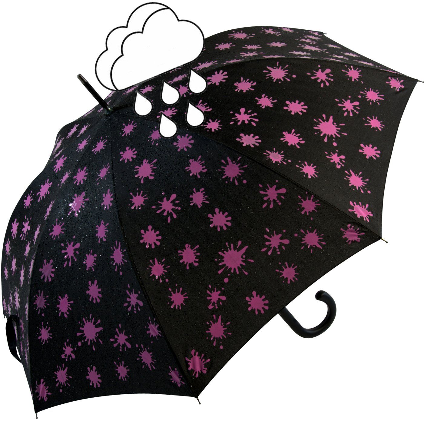 mit iX-brella Nässe Wet bei Damenschirm neon-pink Farbkleckse Automatik schwarz-weiß-neonpink Print, und - Farbänderung iX-brella Langregenschirm