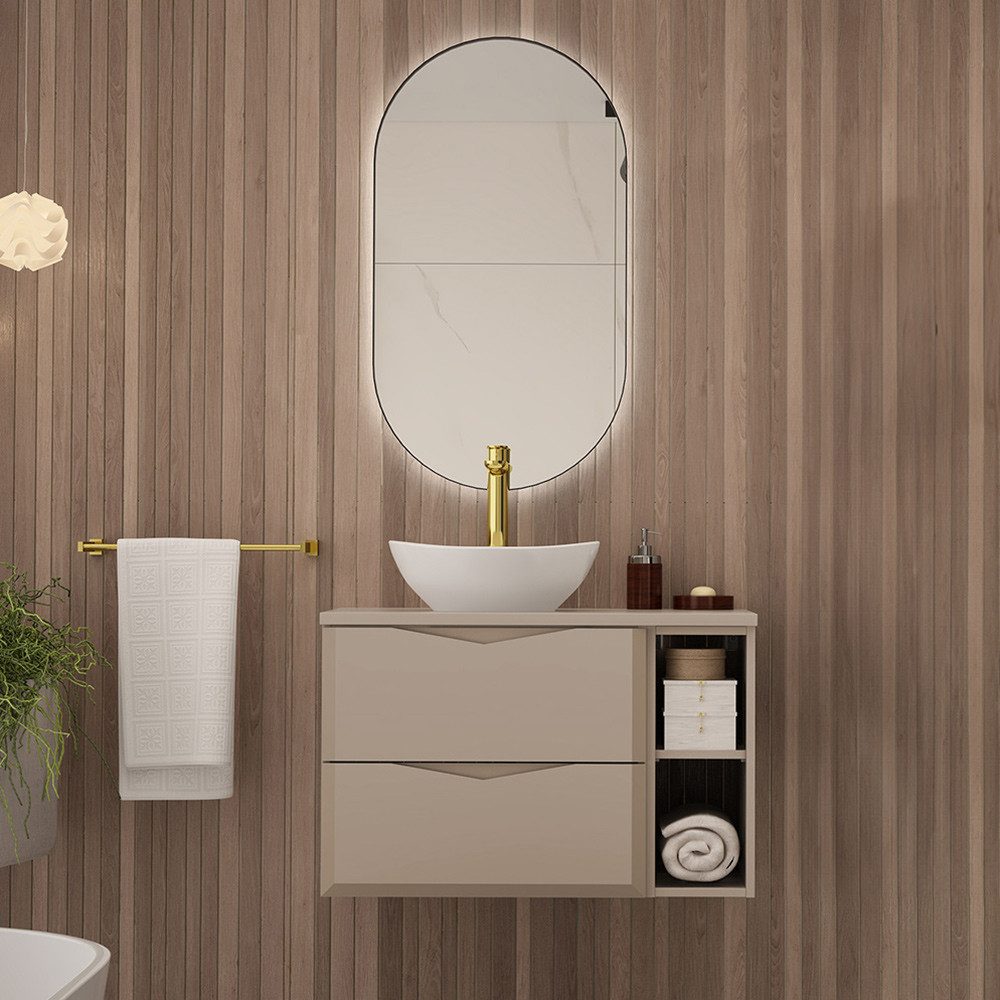 Lomadox Badmöbel-Set DORIDA-140, (Spar-Set, 2-St., Waschtisch Spiegel), Badezimmer Set inkl. Waschbecken modern in kaschmir