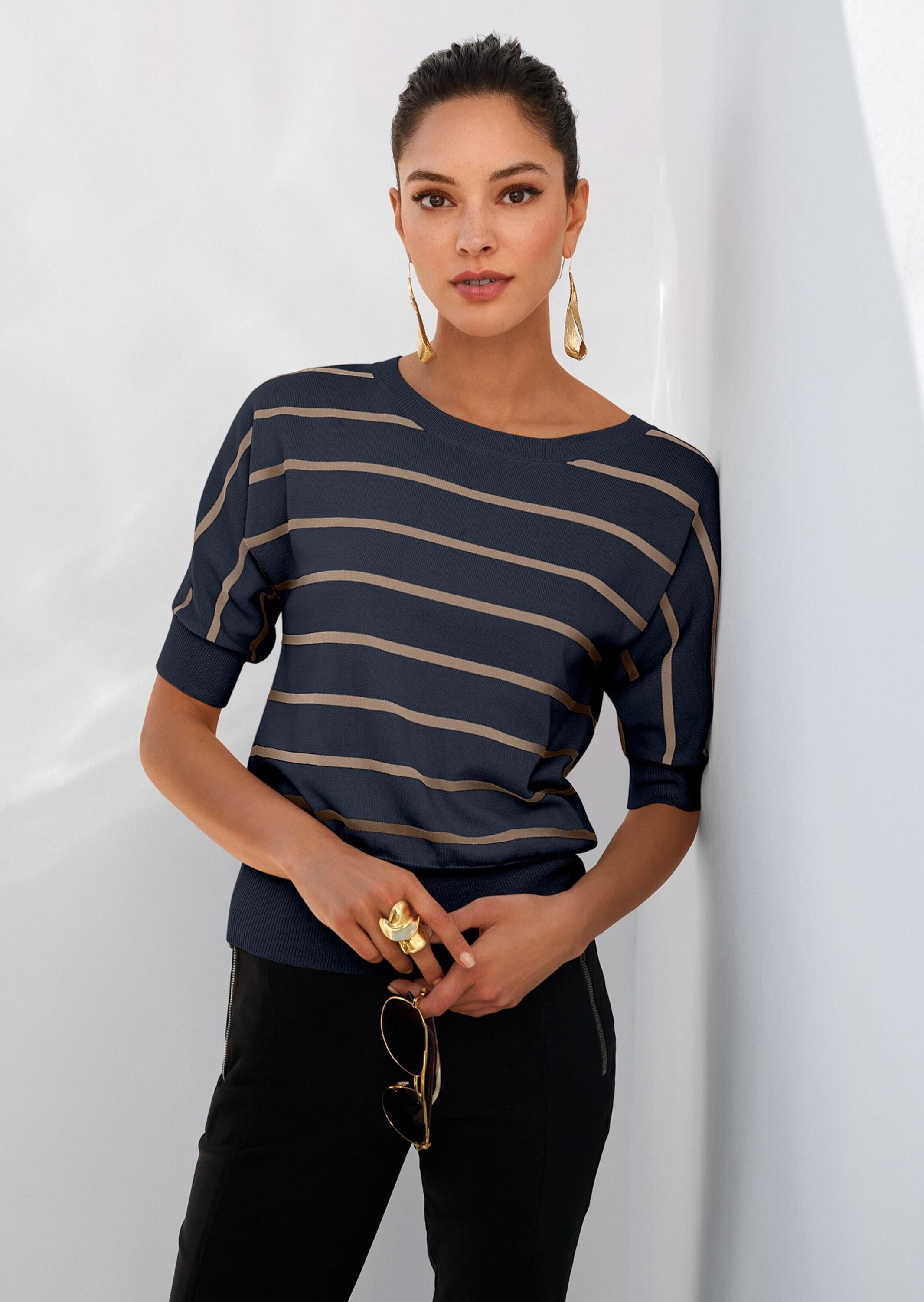MADELEINE Strickpullover Ringelpullover im maritimen Look Halbarmshirt mit markantem Rippenbund und U-Boot-Ausschnitt