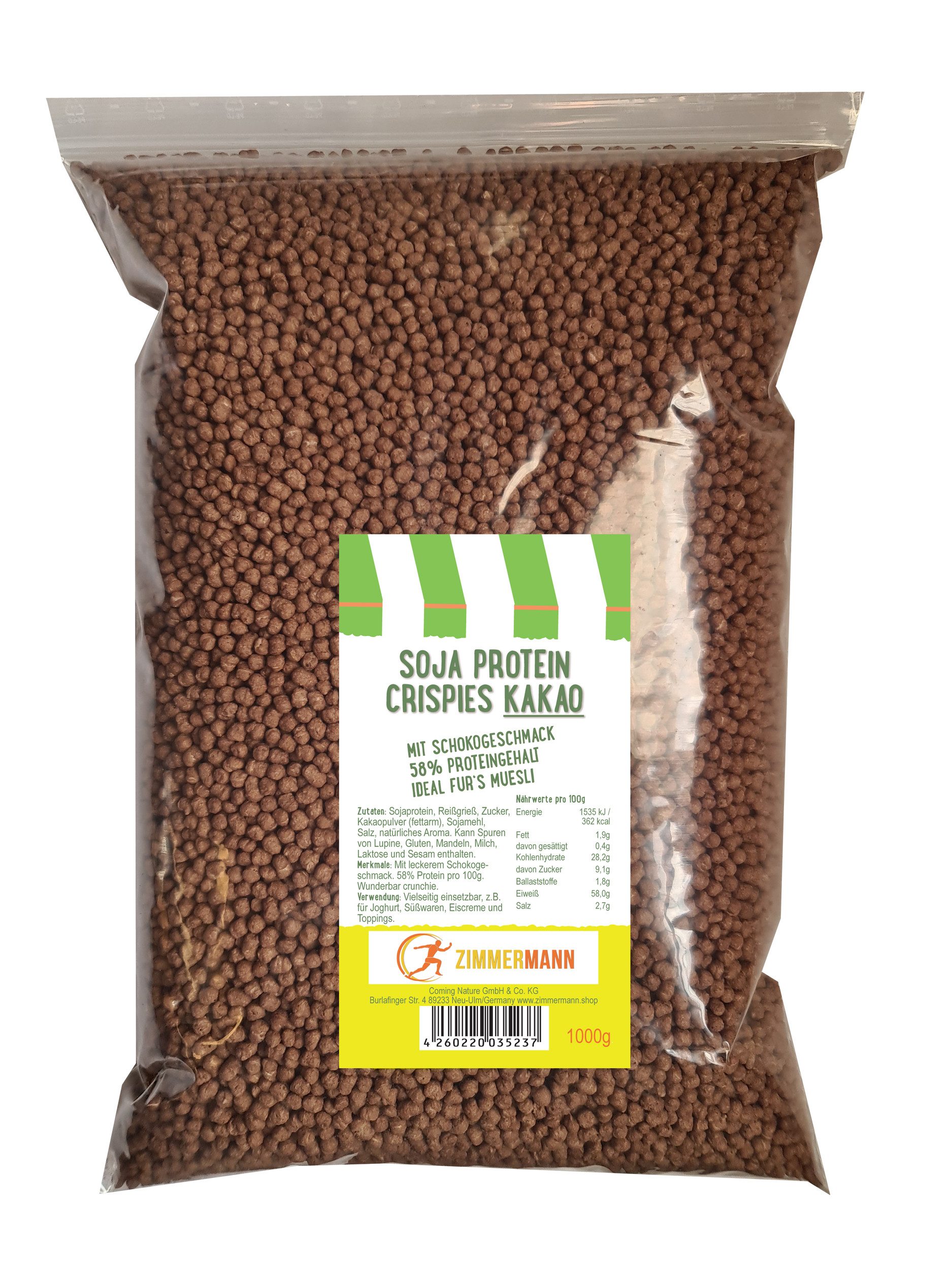 Zimmermann Zimmermann Soja Protein Crispies KAKAO 58% Protein 1000g Crispies, 996 g