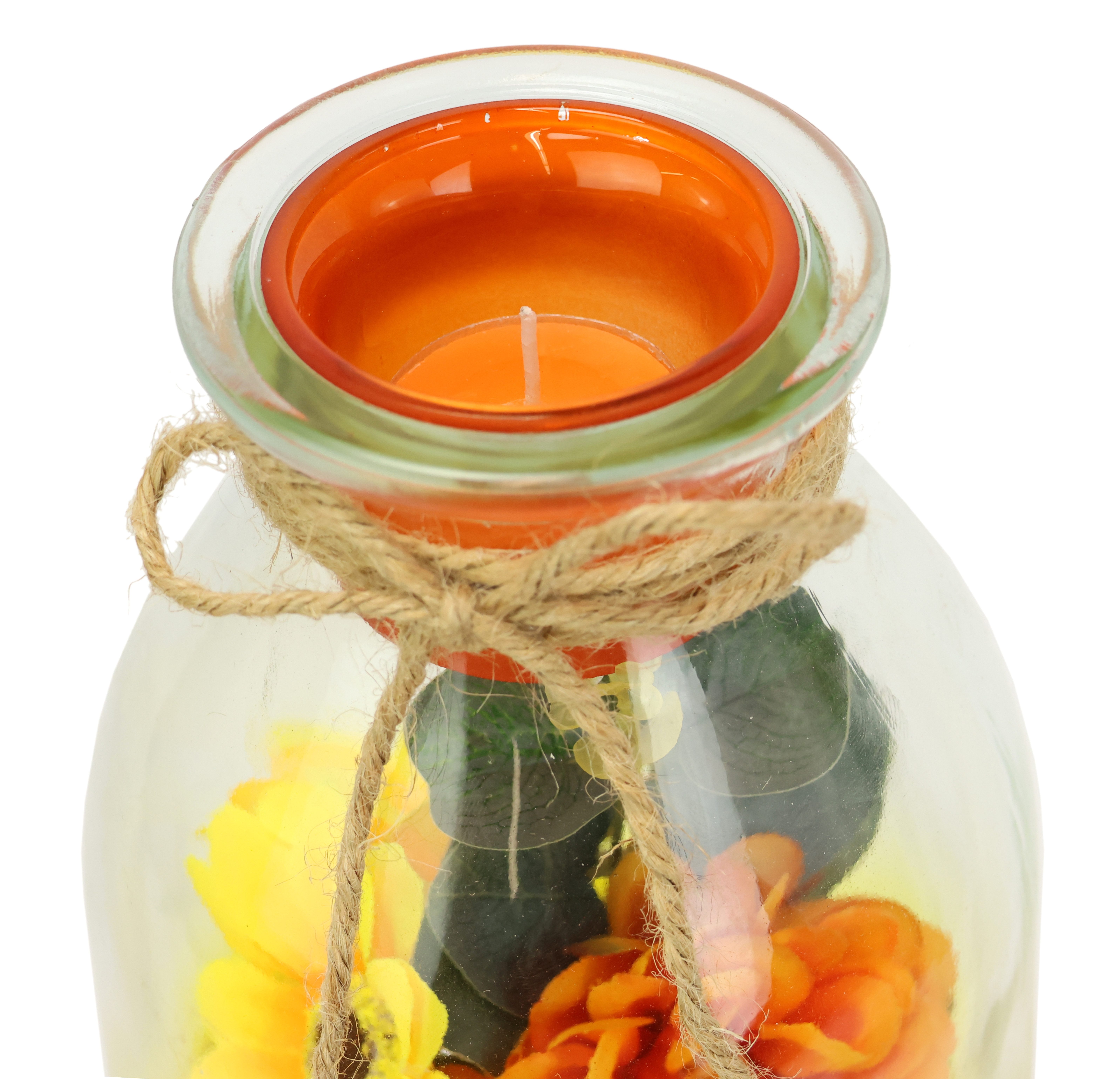 I.GE.A. Teelichthalter Teelichthalter aus Glas mit Teelichtkerze (1 St), Herbstlich dekoriert mit Sonnenblume Dahlie Eukalyptus Kerze Windlicht