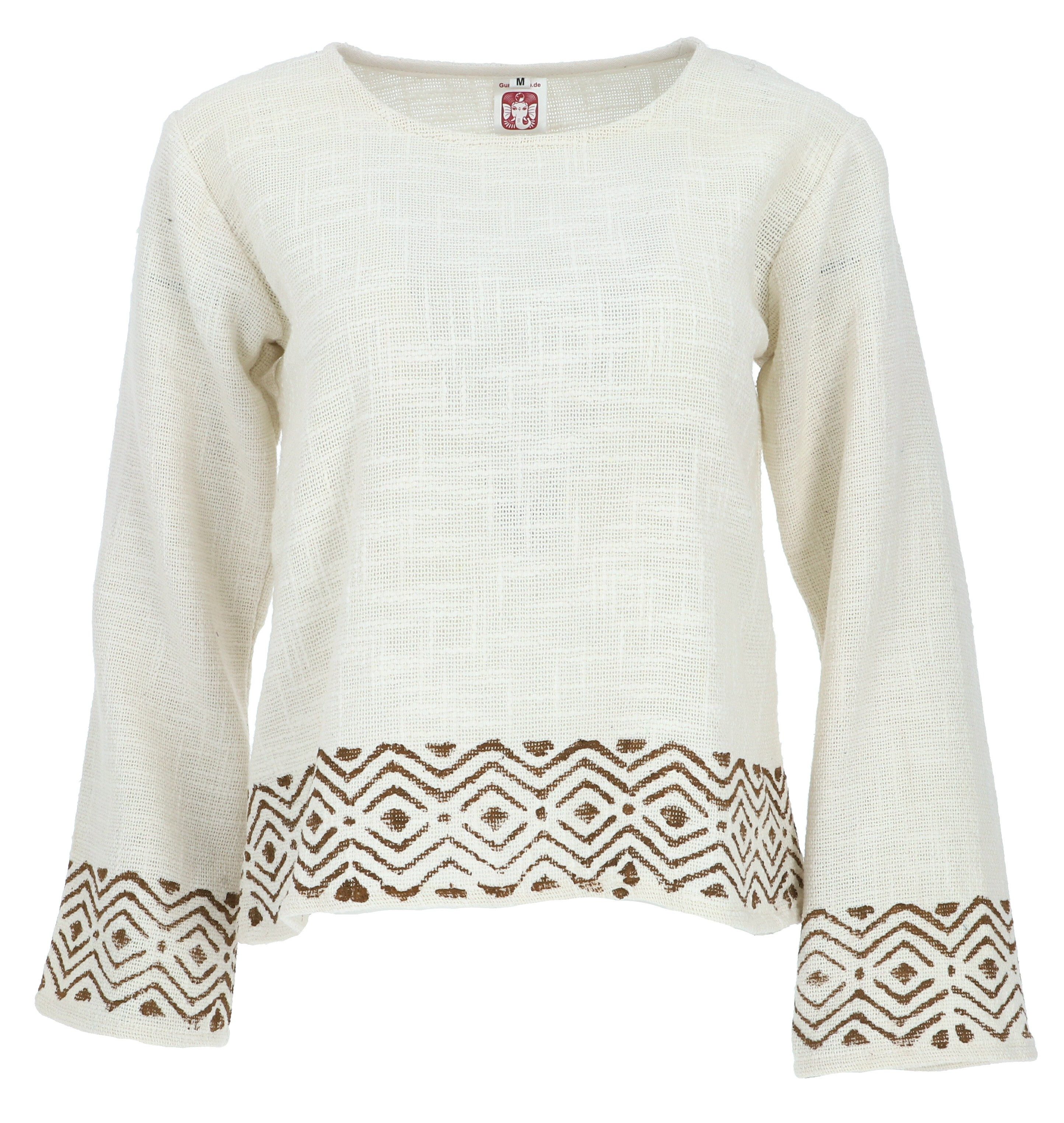 Guru-Shop Longsleeve Natürliches Shirt mit handgefertigtem Druck -.. alternative Bekleidung