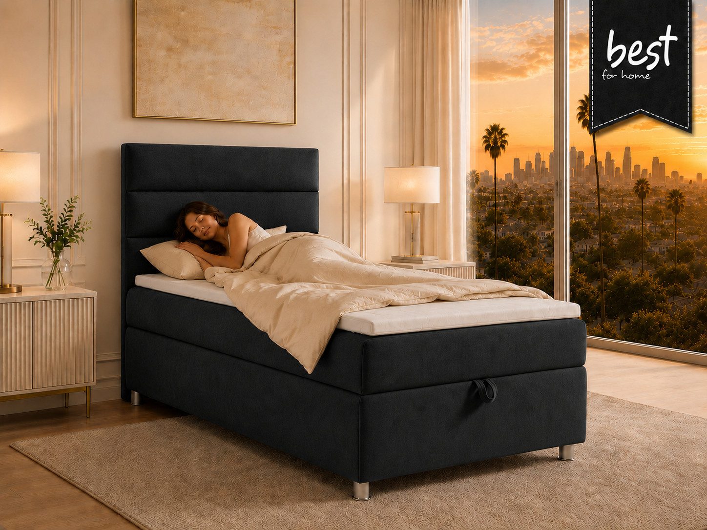 Best for Home Boxspringbett Trinity K-4 Single 5cm Topper Bonell Bettkasten (Einzelbett, Polsterbett mit gepolstertes Kopfteil, Jugendbett, Kinderbett versch. Größen, 1-St., 70x200 80x200 90x200 100x200 cm), Stauraum; ergonomischer Schlafkomfort; modernes Design
