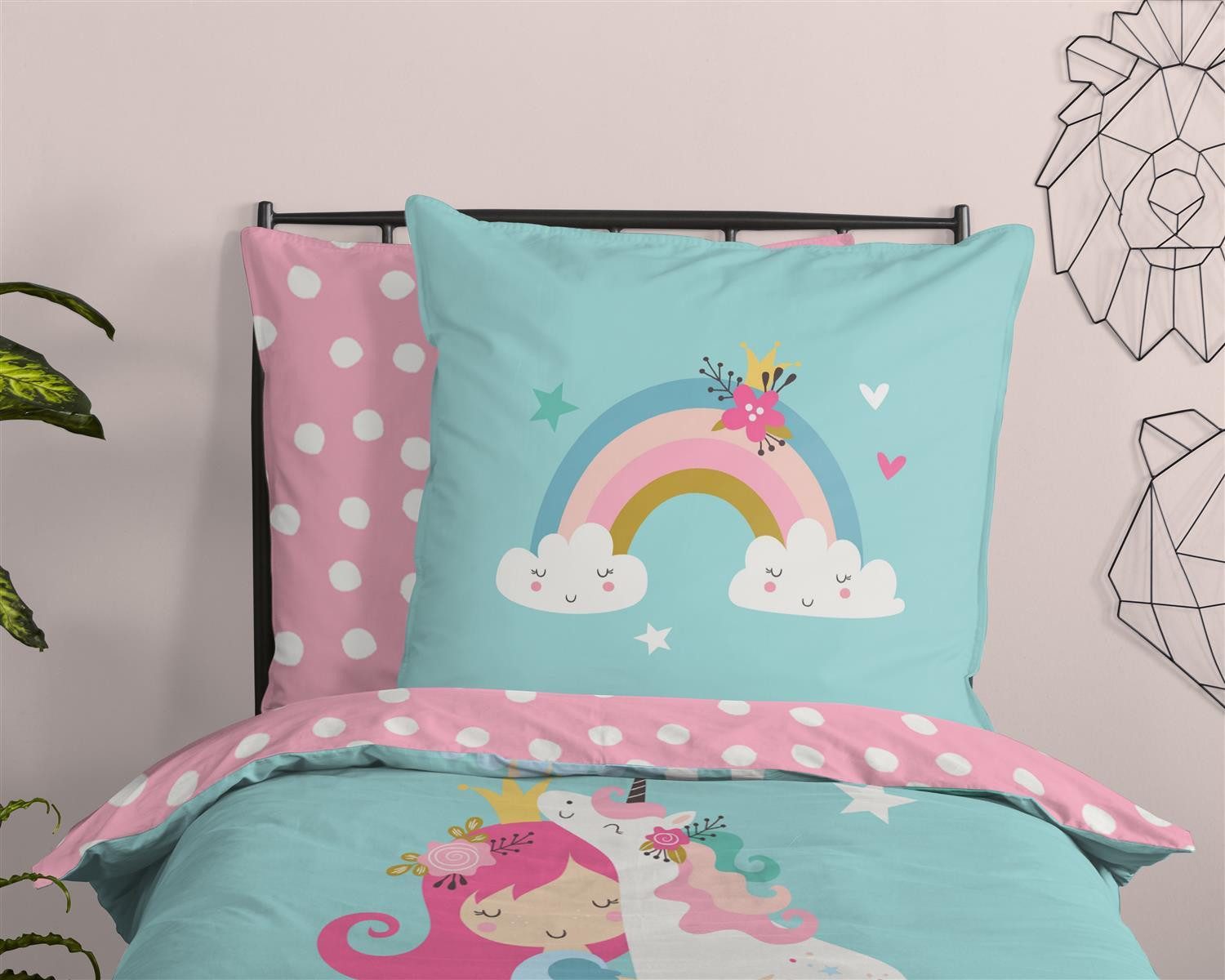soma Bettwäsche Einhorn Regenbogen Prinzessin hellblau rosa, Renforcé, 2 teilig, 135x200 Reißverschluss Wende Kind Mädchen, Einhorn, Rosa unicorn blau