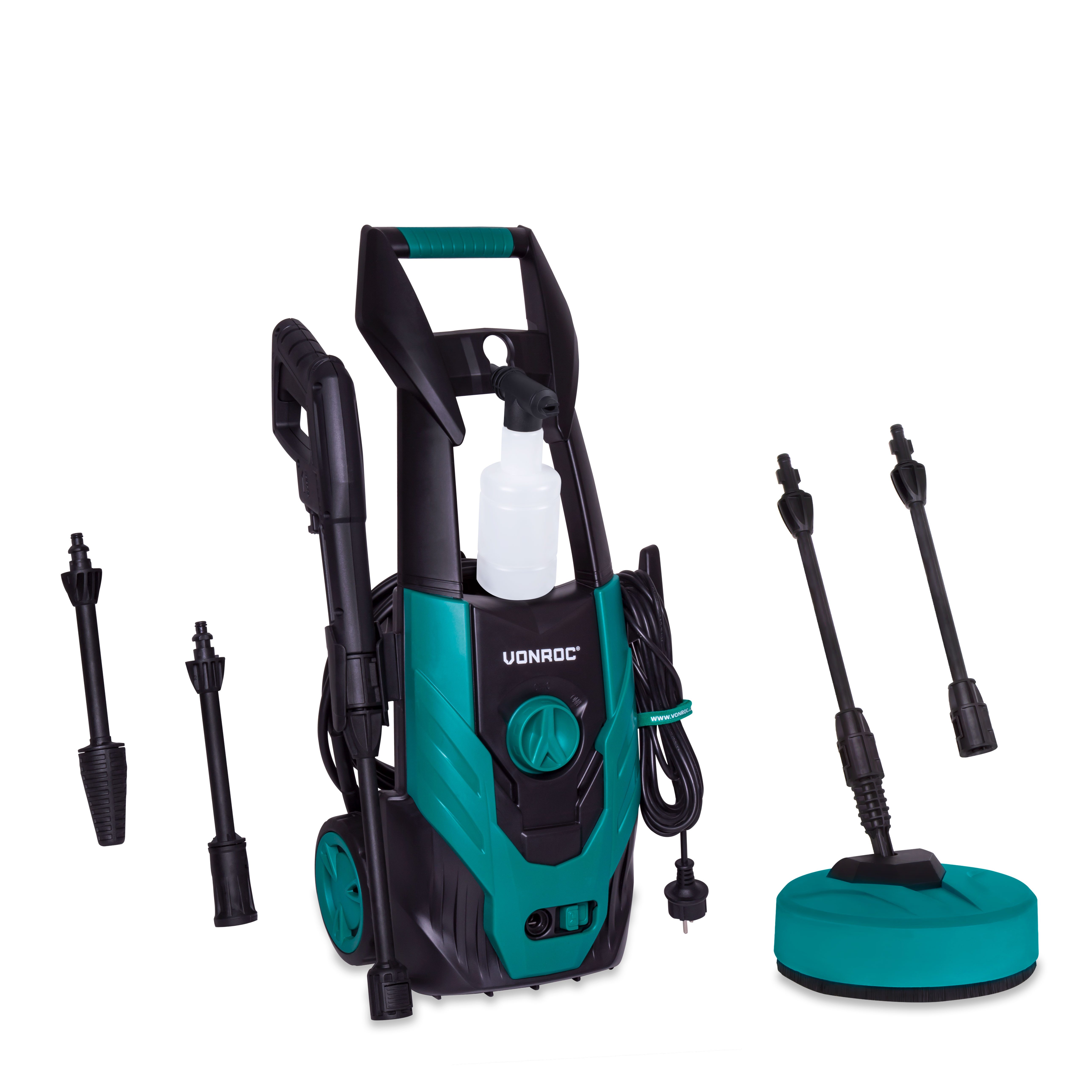 VONROC Hochdruckreiniger Fasadenreiniger, Druck max: 110 bar, 1400 W, Fördermenge max: 390 l/h, (12 tlg), Reinigungstank, Aluminium Pumpe - inkl. Zubehör-Kit