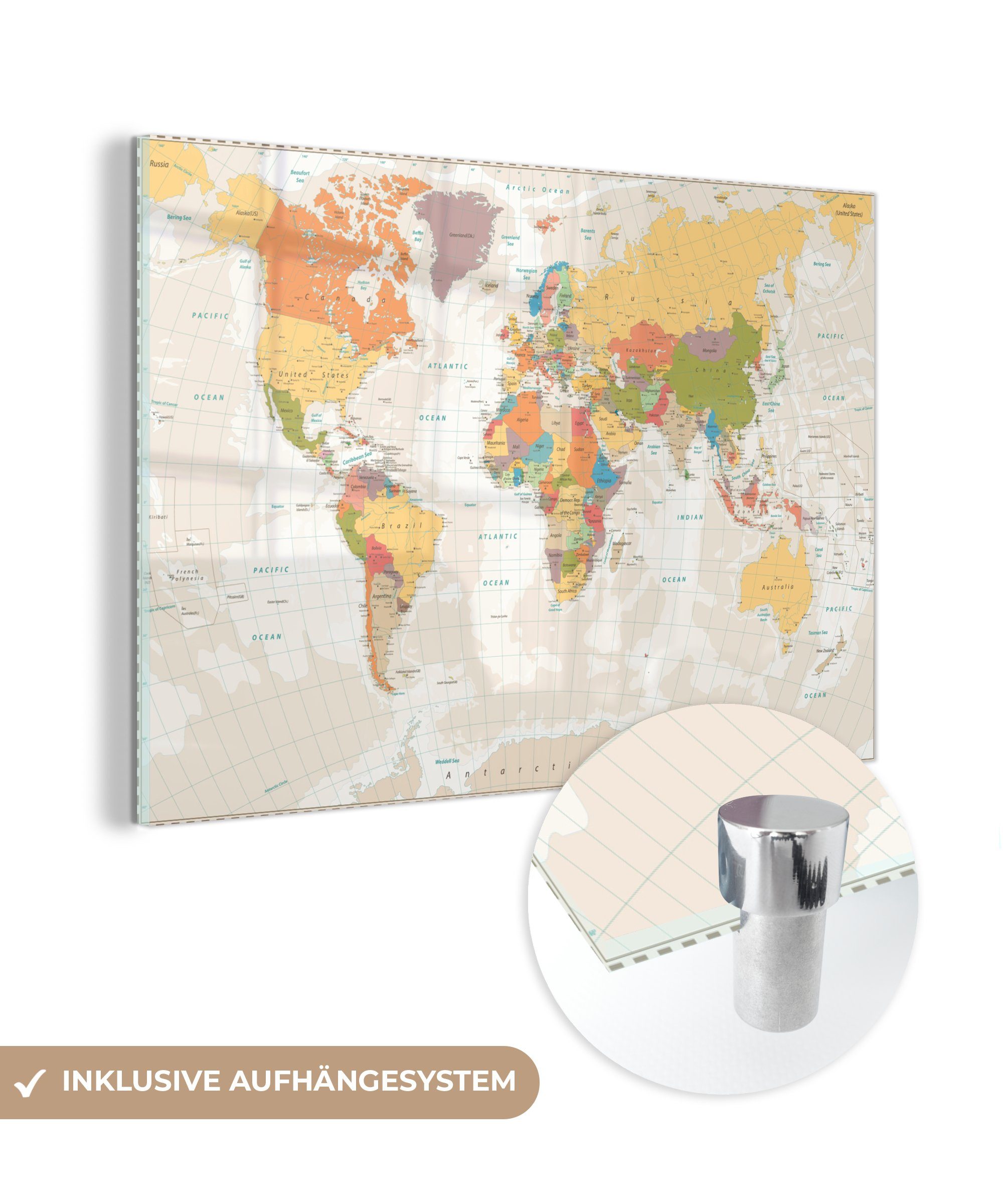 MuchoWow Acrylglasbild Weltkarte - Retro - Farben - Pädagogisch - Statistisch, (1 St), Glasbilder - Bilder auf Glas Wandbild - Foto auf Glas - Wanddekoration bunt