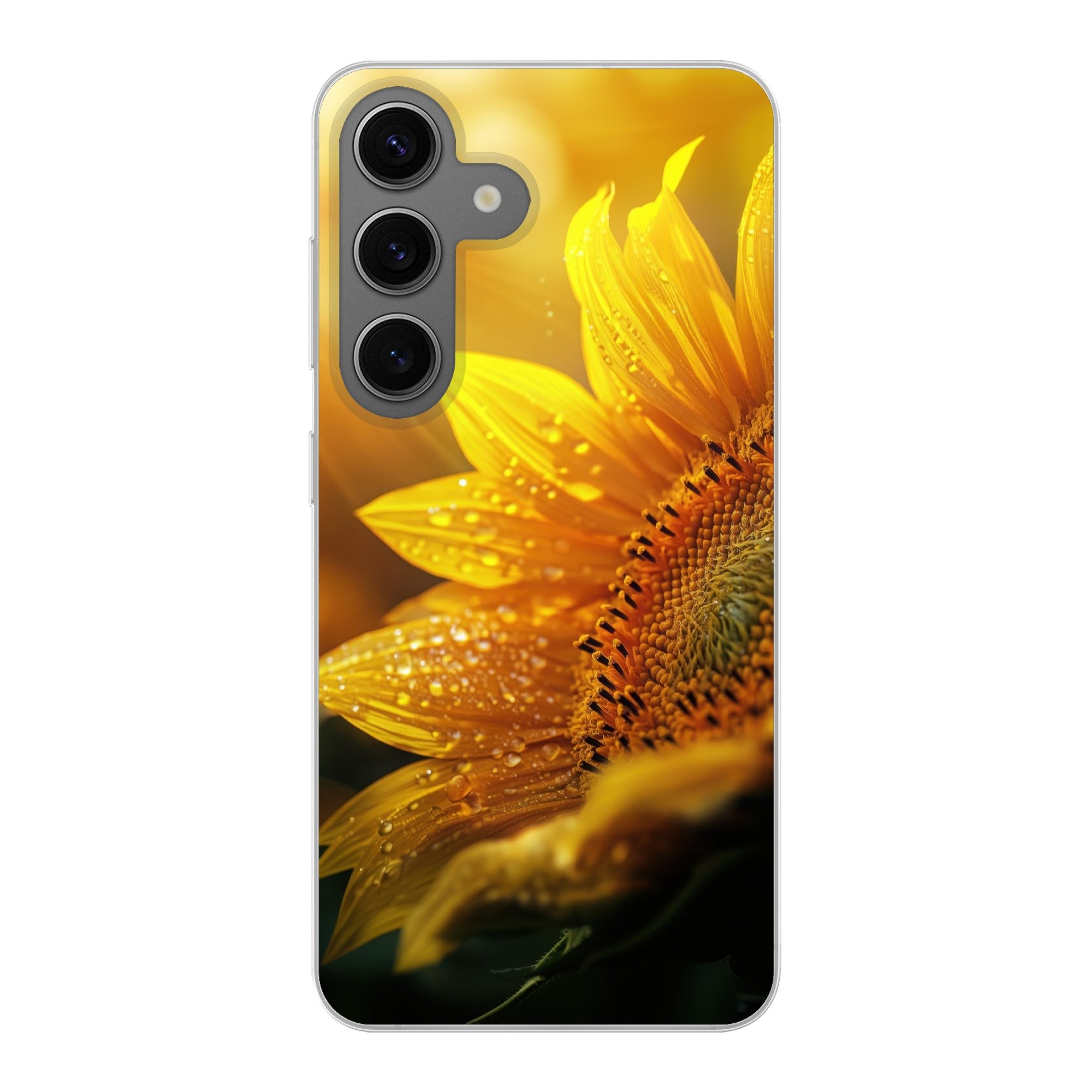 MuchoWow Handyhülle für Samsung Galaxy S24 Sonnenblume - Tautropfen - Gelb - Sonnenlicht, Phone Case, Silikon, Schutzhülle Dünn