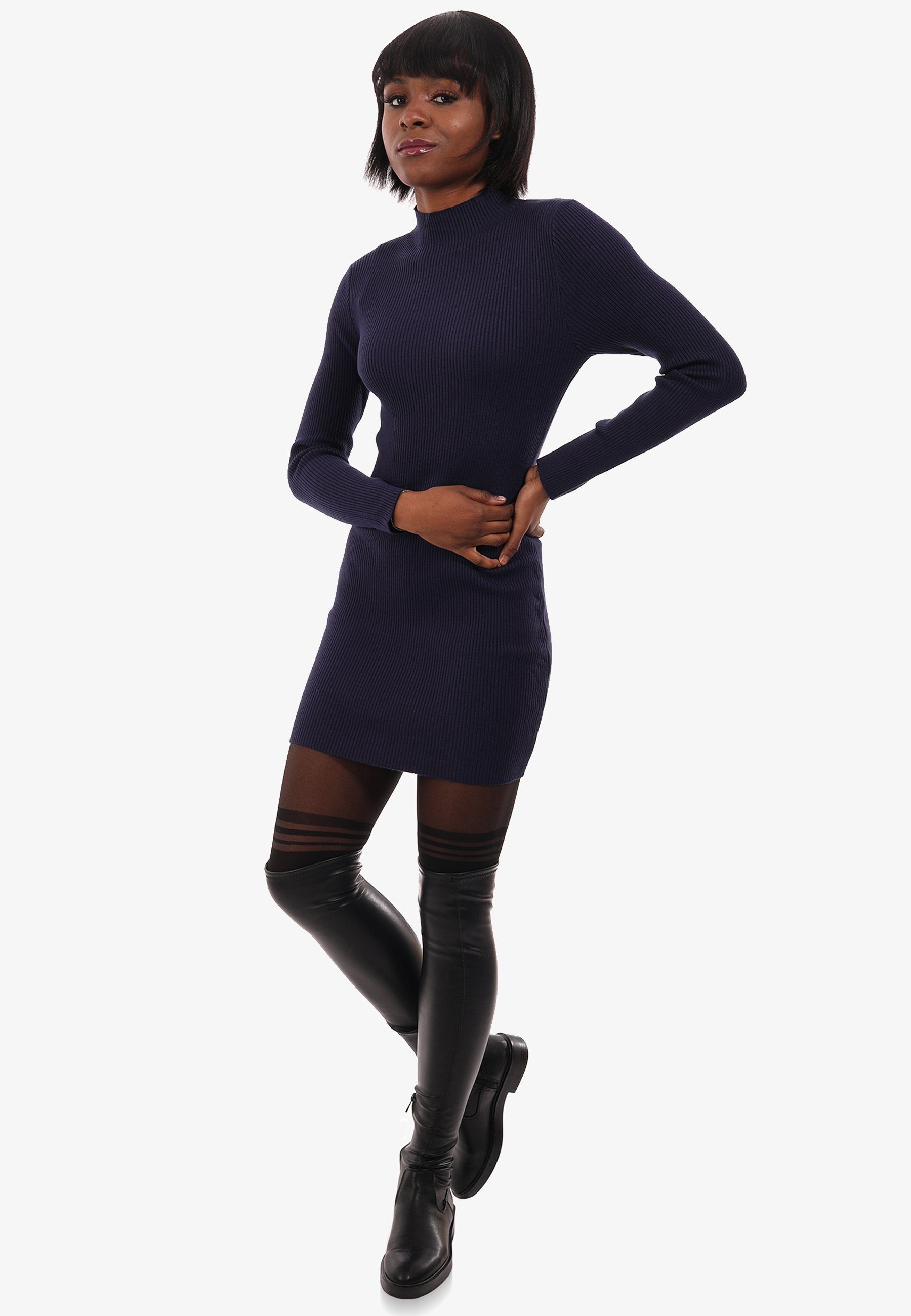 mit Stehkragen marine Basic Style Longpullover YC aus Unifarbe, in (1-tlg) & Fashion Rippstrick Pullover