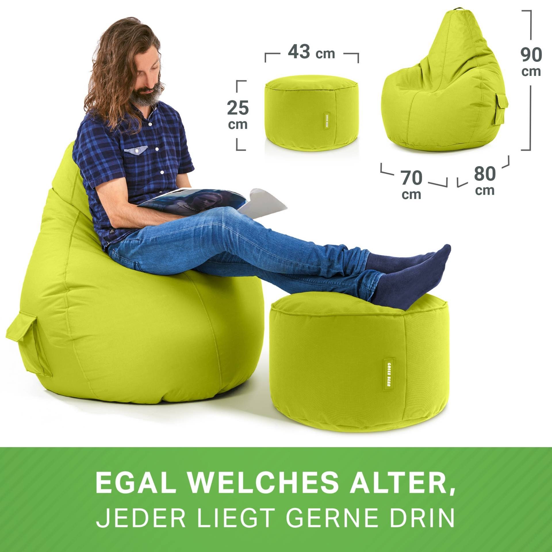 Cozy Bean Relax-Sessel Sitzkissen, Set Gaming Green Hellgrün Sitzhocker, Sitzsack Chair mit + Stay,