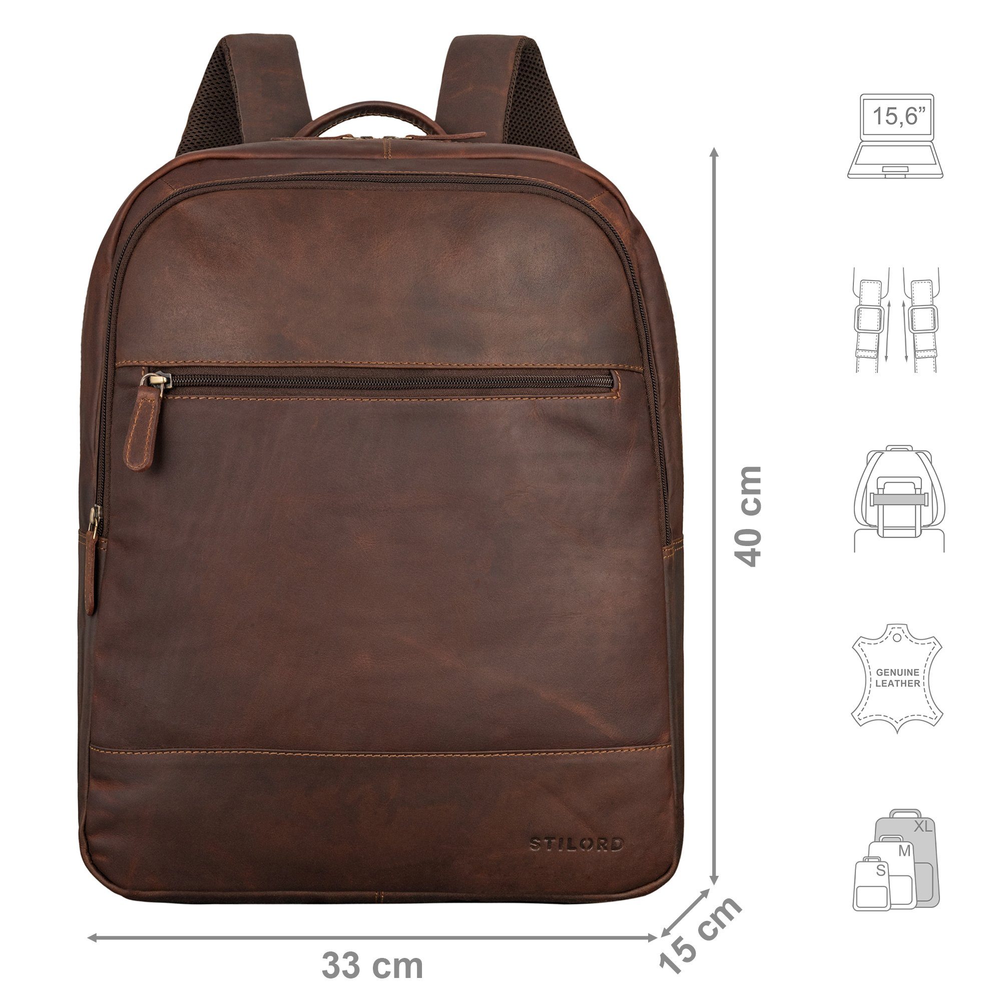 Großer - STILORD cognac "Norbert" Notebook-Rucksack Laptopfach Leder dunkelbraun 15,6 Zoll mit Rucksack