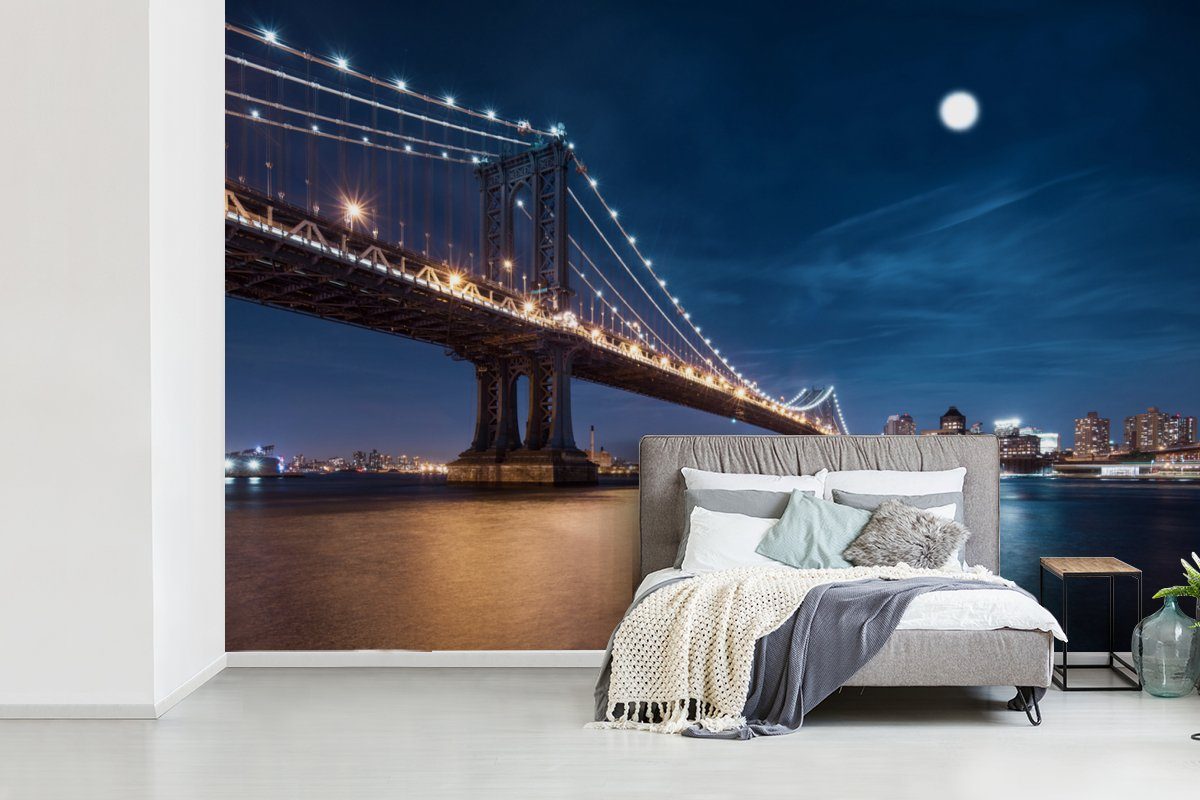 Brooklyn-Brücke MuchoWow Wohnzimmer, - New (6 - bedruckt, Schlafzimmer, Mond, Vinyl St), für Wallpaper Matt, Fototapete Tapete York Kinderzimmer,