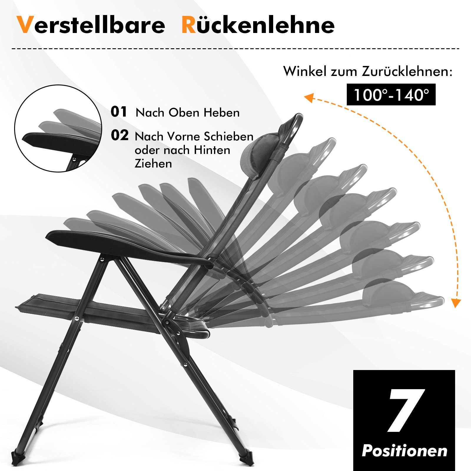 COSTWAY Gartenstuhl (2 St), mit Kopfstütze, 7-Fach verstellbarer Rückenlehne