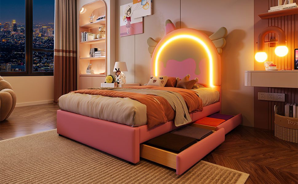 Furnishings Home Polsterbett Kinderbett Stauraumbett LED (Mit 2 Schubladen), Cartoon Einhorn-Form, Mit LED-Beleuchtung, Kunstleder, 90x200 cm