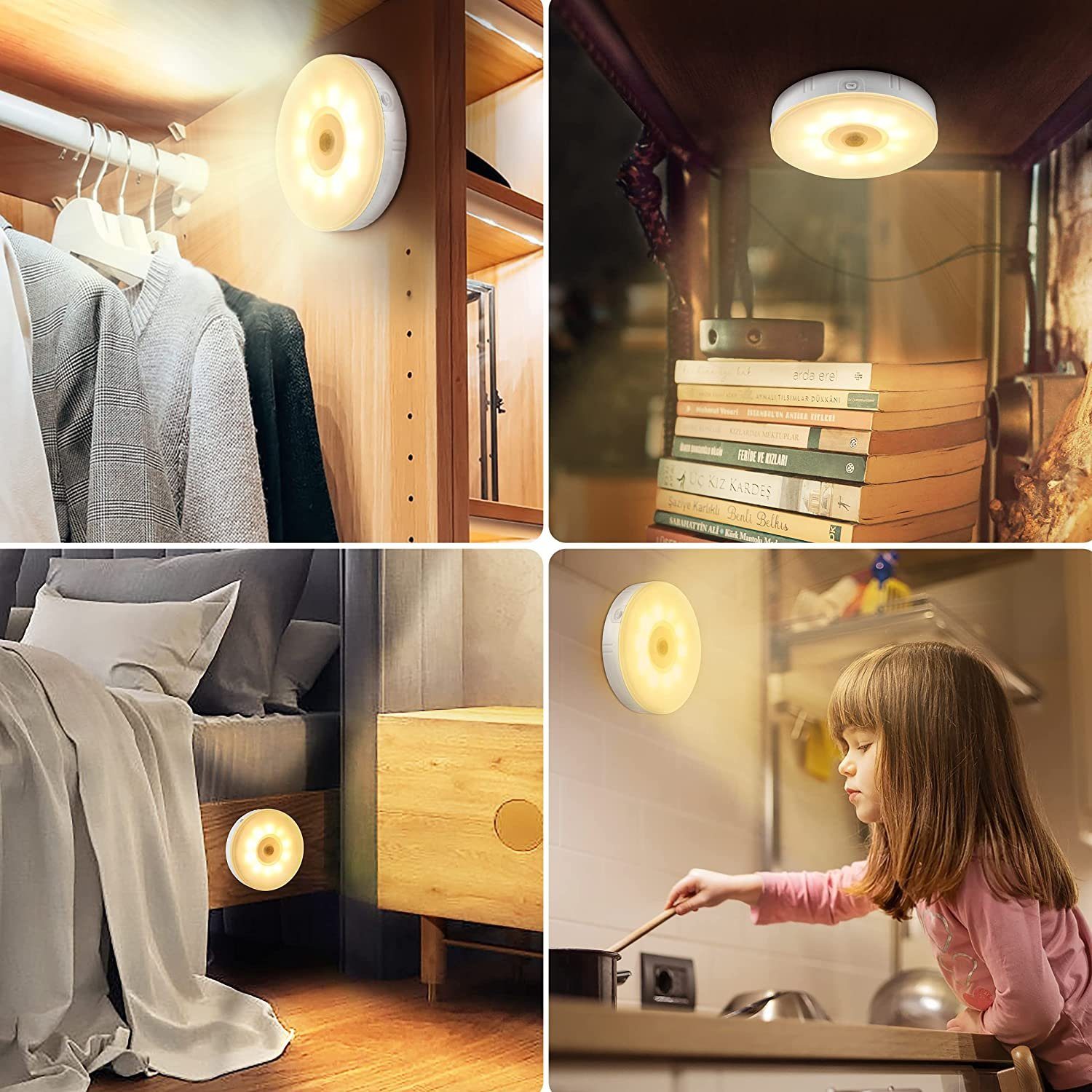 3Stück Nachtlicht 8 warmweißes bar, Nachtlicht Nachtlicht Warmweiß, integriert, USB-Akku-Nachtlicht, Bewegungssensor AKKEE Schrank LED LED fest geeignet Erwachsene, für Kinder, mit Badezimmer, LEDs Licht Wiederauflad