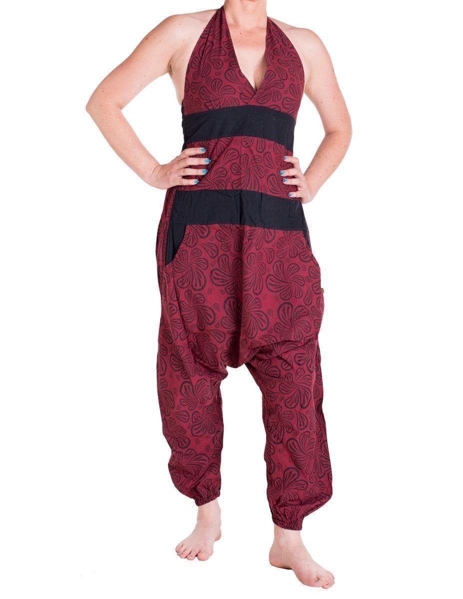 Vishes mit Latzhose Hippie, Style Overall Goa, Pumphose, Haremshose, Neckholder Blümchen Latzhose Dunkelrot Yoga