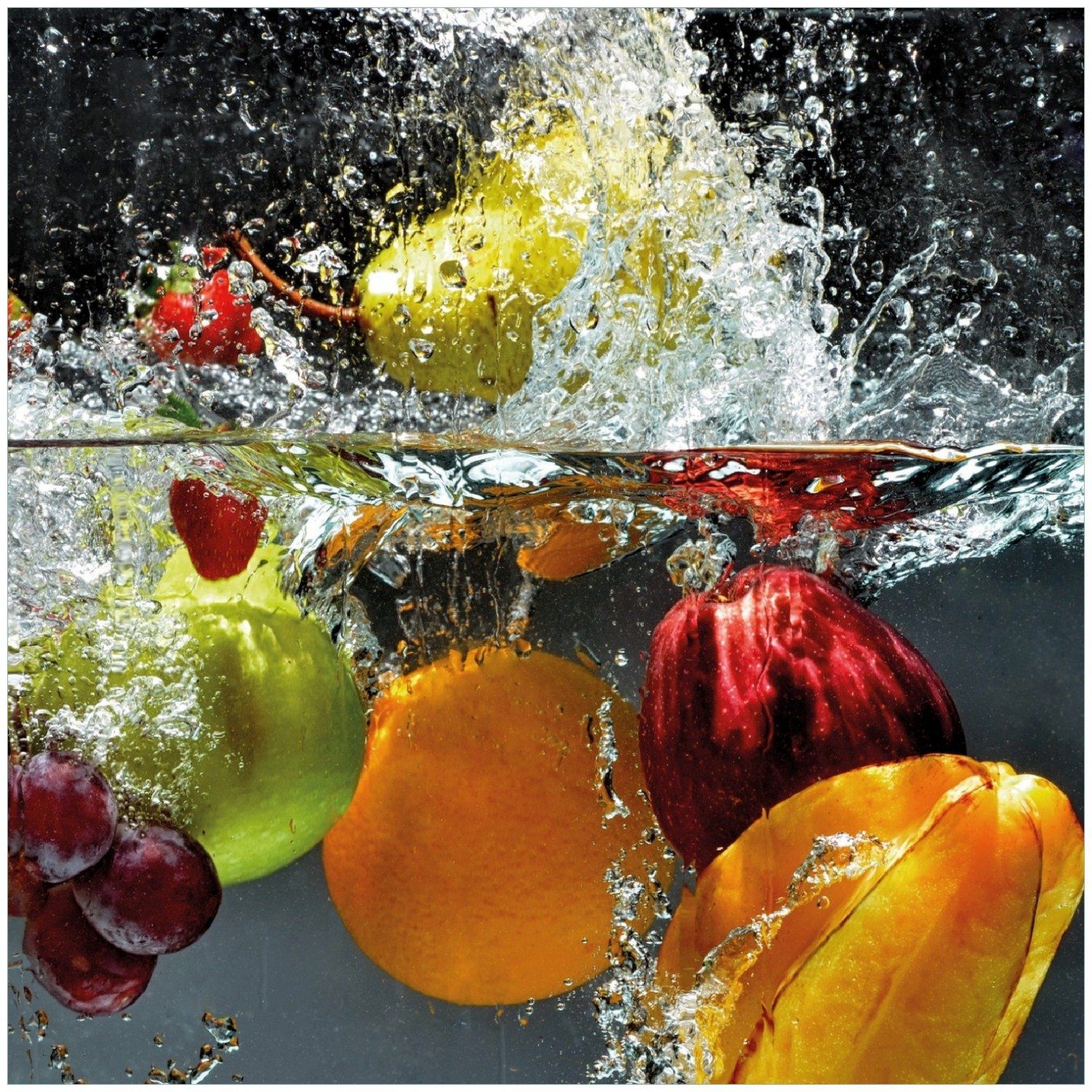 Wallario Memoboard Früchte im und unter Wasser - Splashing Fruits