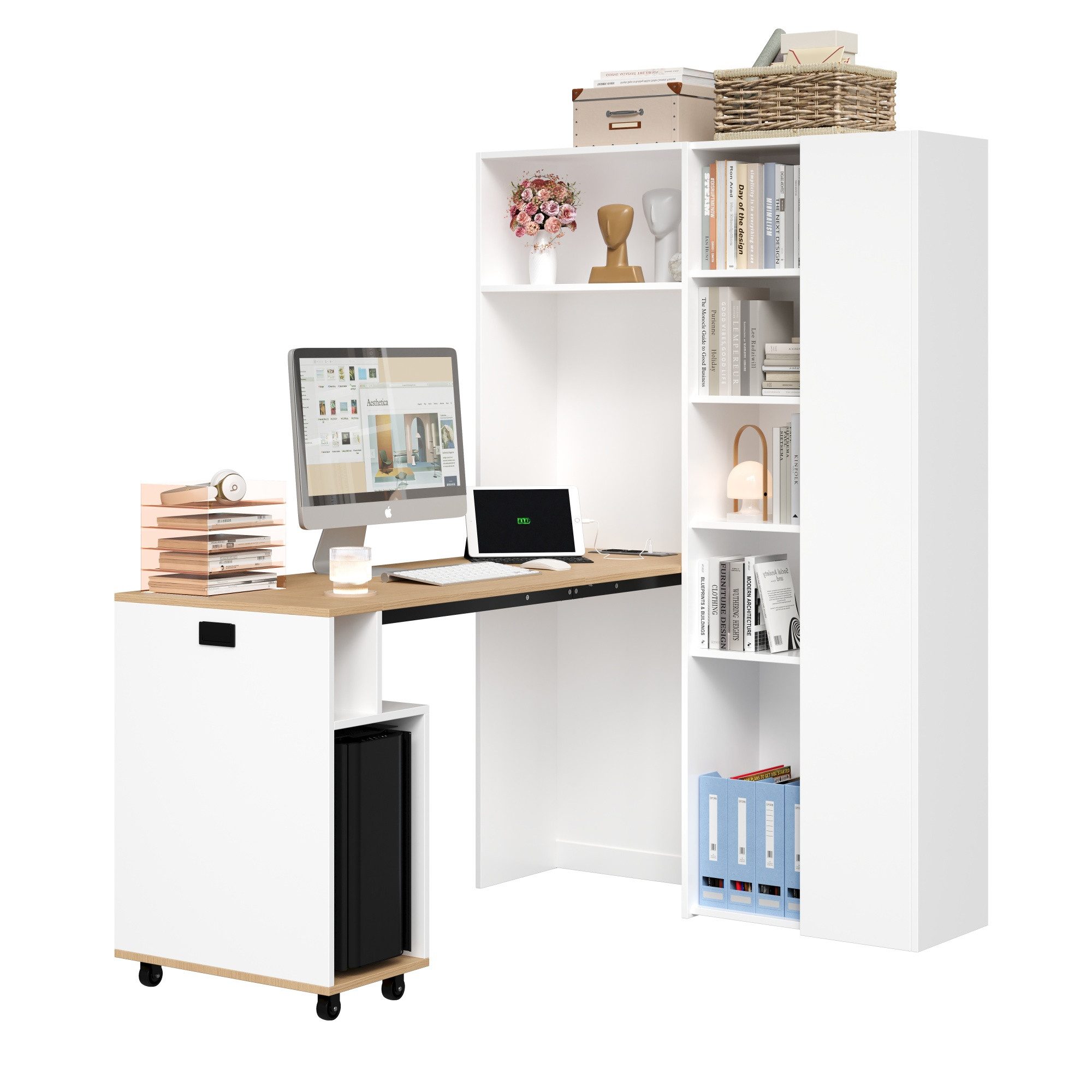 OKWISH Eckschreibtisch Klappbarer 2-in-1-Bücherregal und Computertisch (klappbar Schreibtisch, Eck-Tisch, 1-St., höhenverstellbare Ablagen), mit Steckdose, USB-Anschluss und Kippschutz