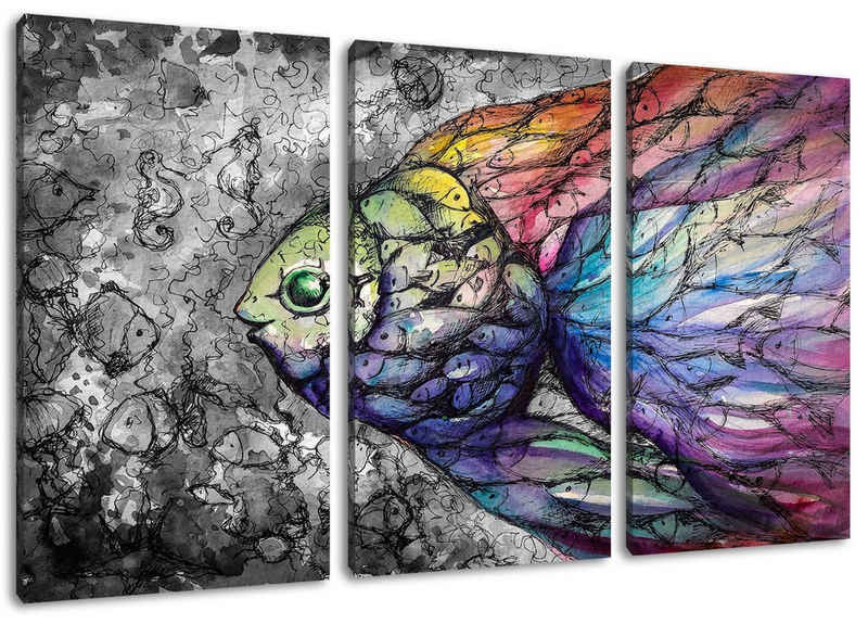 Pixxprint Leinwandbild schön gezeichnete Fische, schön gezeichnete Fische 3Teiler (120x80cm) (1 St), Leinwandbild fertig bespannt, inkl. Zackenaufhänger