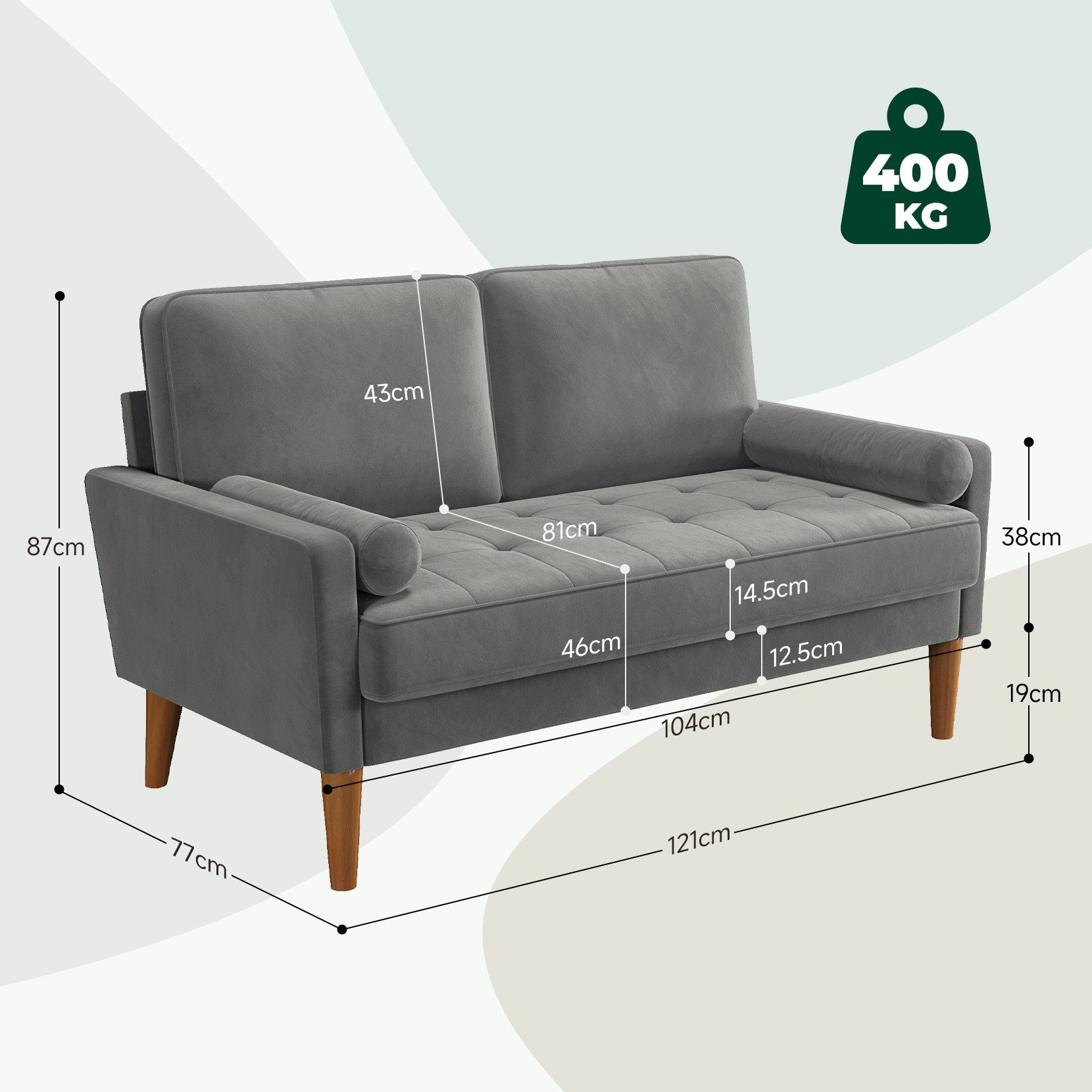 OUNUO 2-Sitzer Couch 2 Sitzer, Samt Kleines Sofa mit 2 Wurfkissen, Grün günstig online kaufen