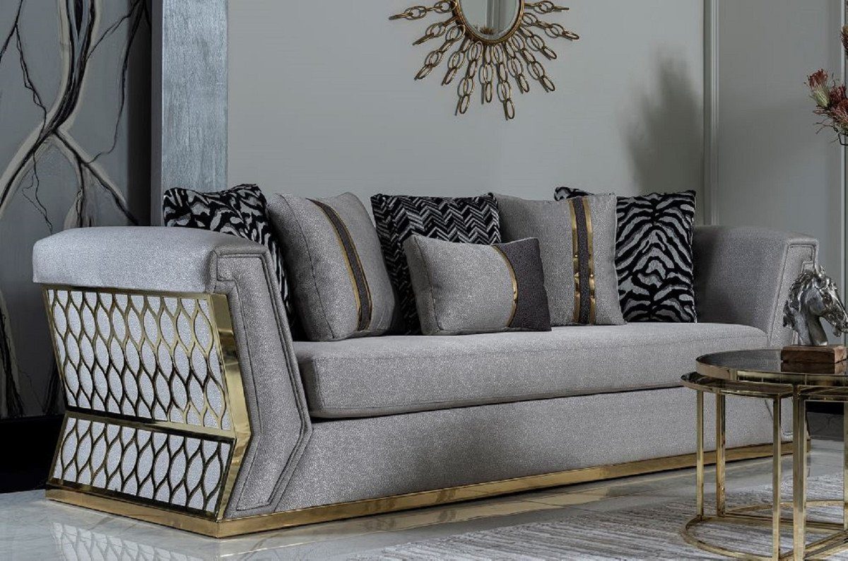 Casa Padrino Sofa Luxus Sofa Grau / Gold - Elegantes Wohnzimmer Sofa mit dekorativen Kissen - Luxus Wohnzimmer Möbel
