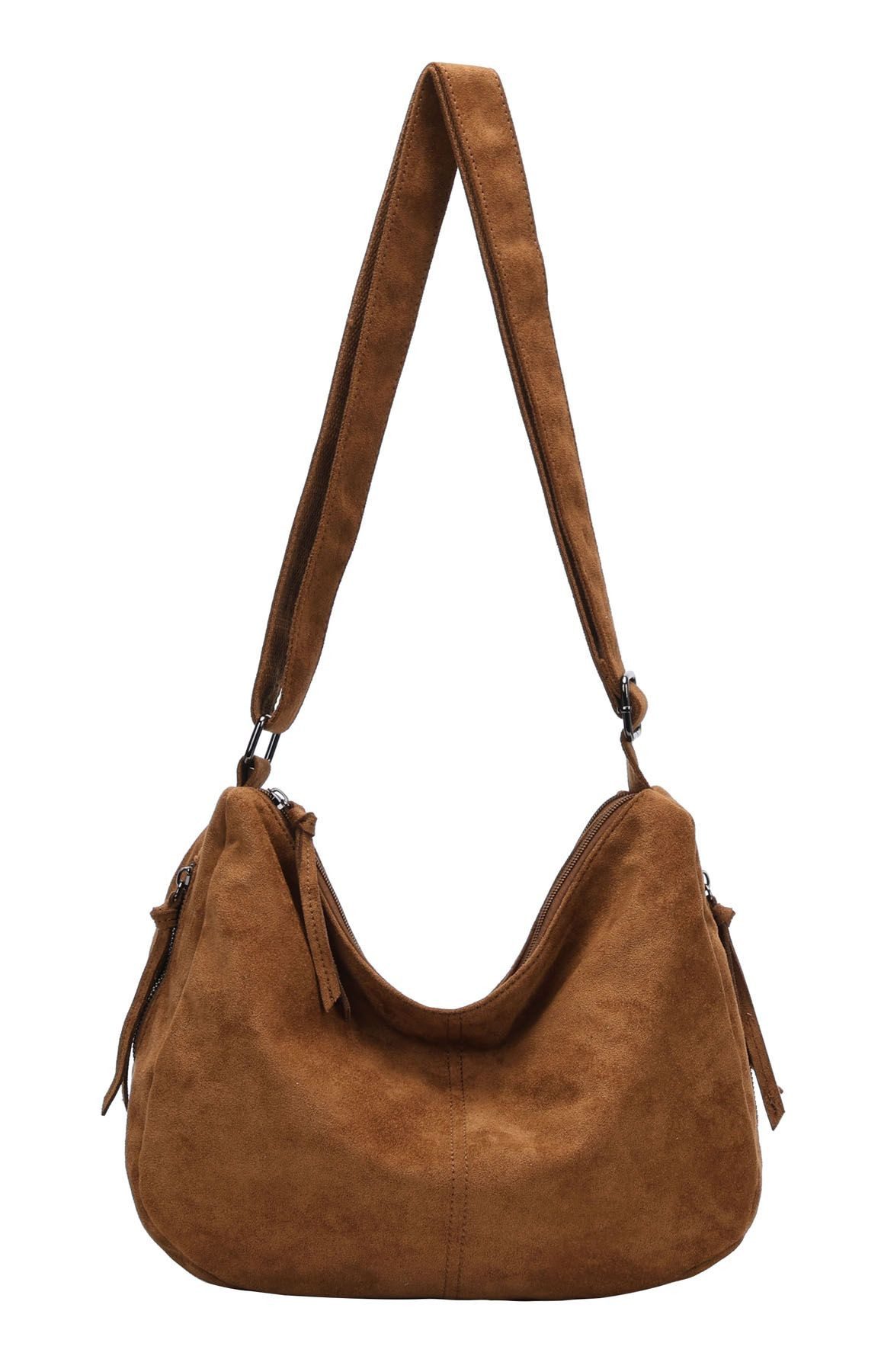 ITALYSHOP24 Schultertasche Damen Tasche Crossbody Shopper Umhängetasche BodyBag Samt Freizeit Bag, 2xFach Fächer Henkeltasche Wildleder-Optik Hobo Bag Beutel City Bag