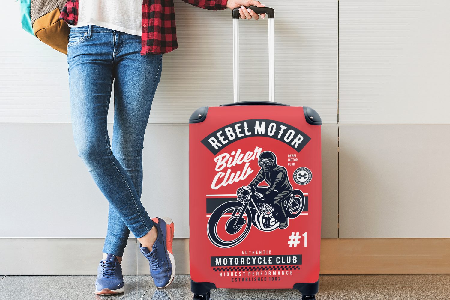 Trolley, Kleidung rollen, Motorrad Mann - - mit für MuchoWow Reisekoffer 4 Handgepäck Rollen, - Reisetasche Handgepäckkoffer Vintage, Ferien,