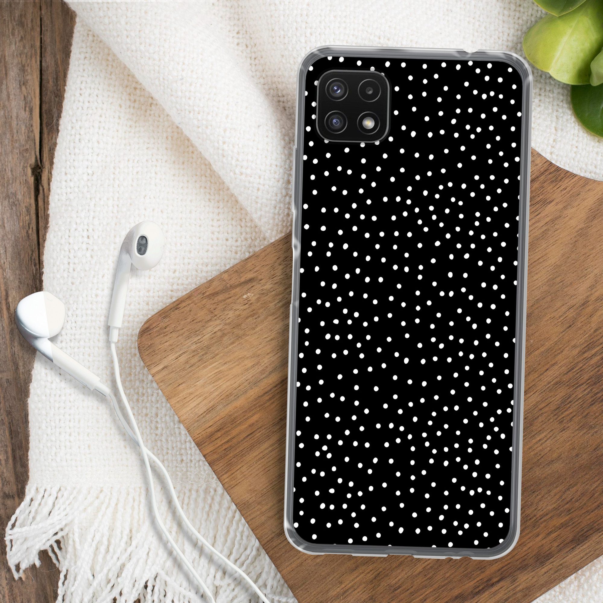 MuchoWow Handyhülle für Samsung Galaxy A22 5G Polka dots - Schwarz - Weiß, Smartphone-Bumper, Print, Handy Schutzhülle Dünn