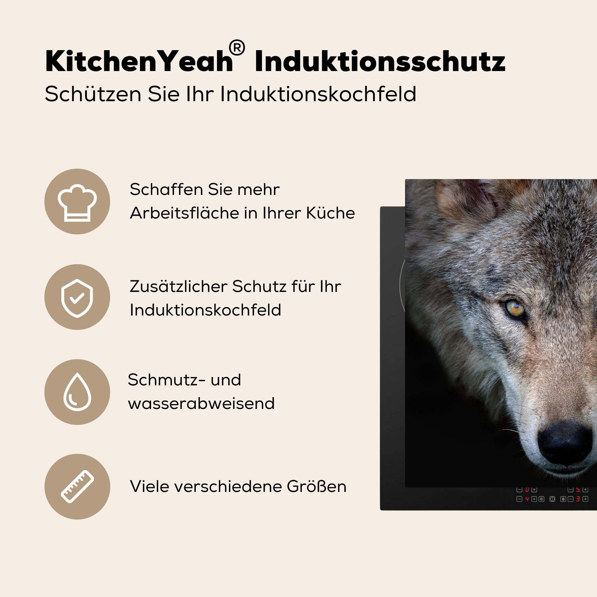 (1 Wolf küche MuchoWow Ceranfeldabdeckung, cm, tlg), 78x78 - für Herdblende-/Abdeckplatte Vinyl, Arbeitsplatte - Porträt Schwarz,