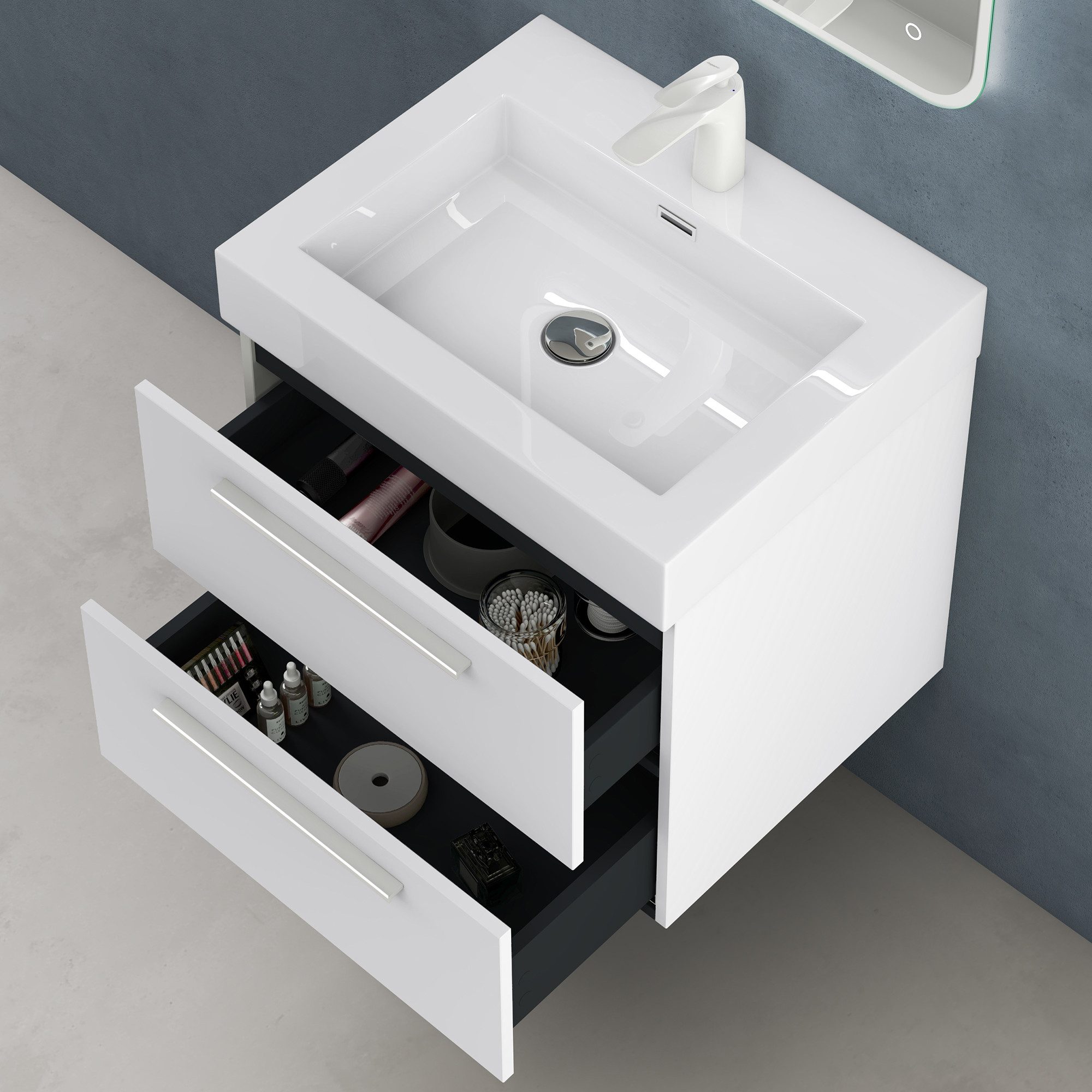 doporro Badezimmer-Set Waschtisch mit Unterschrank 60-100cm mit 2 Schubladen Holz Quadratto, Mineralguss Waschbecken – Bild 5 von 5