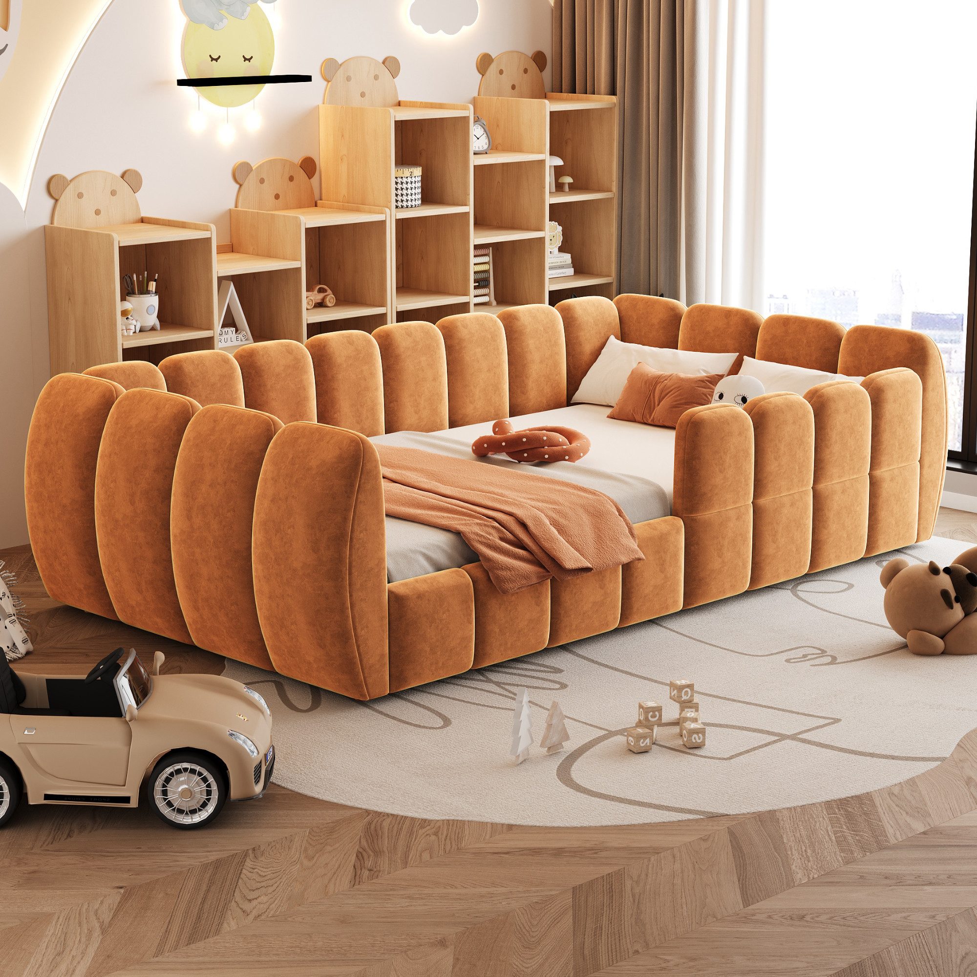 REDOM Polsterbett Gepolstertes Kinder-Bodenbett mit Samtbezug,Jugendbett (komplett geschlossenem Design, abgerundeten Ecken, 90x200 cm Kinderbett), ohne Matratze