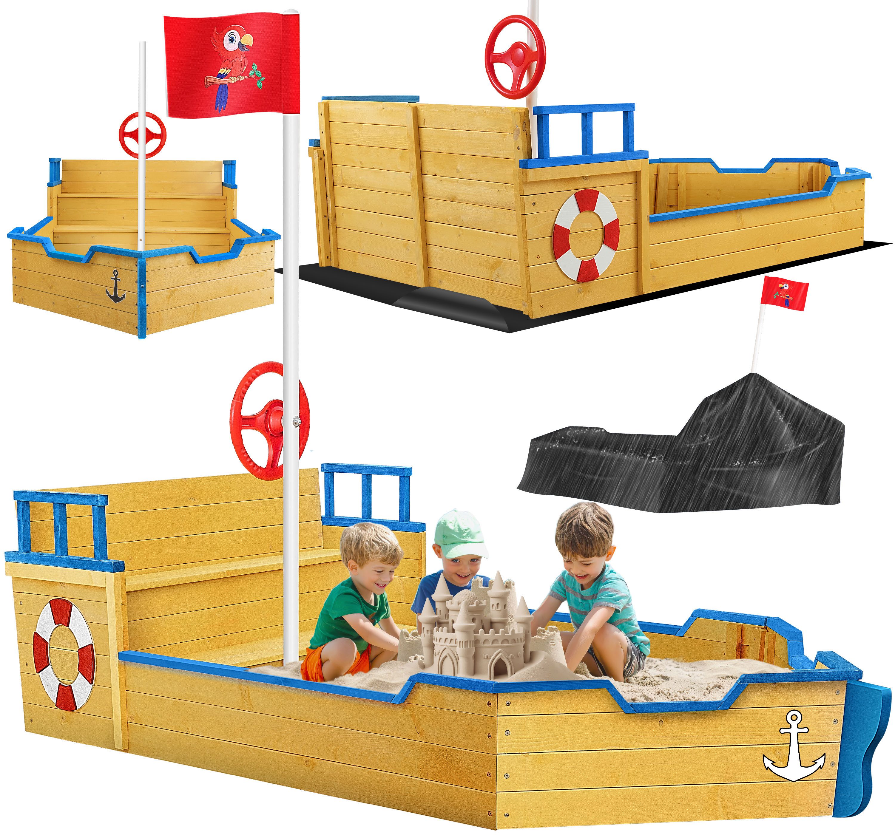 KIDIZ Sandkasten, Sandkasten Ahoi Piratenschiff Boot Segelschiff aus Holz