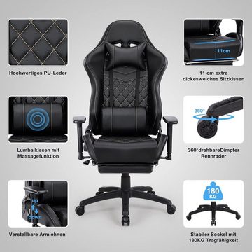 JOEAIS Gaming-Stuhl Gaming Stuhl Gaming Chair Gaming Sessel pc Stuhl Ergonomischer Stuhl (Bürostuhl mit Fußstützen 180 kg Belastbarkeit Massagefunktion), mit Wippfunktion, Höhenverstellbar, Massage Lendenkissen, 155°