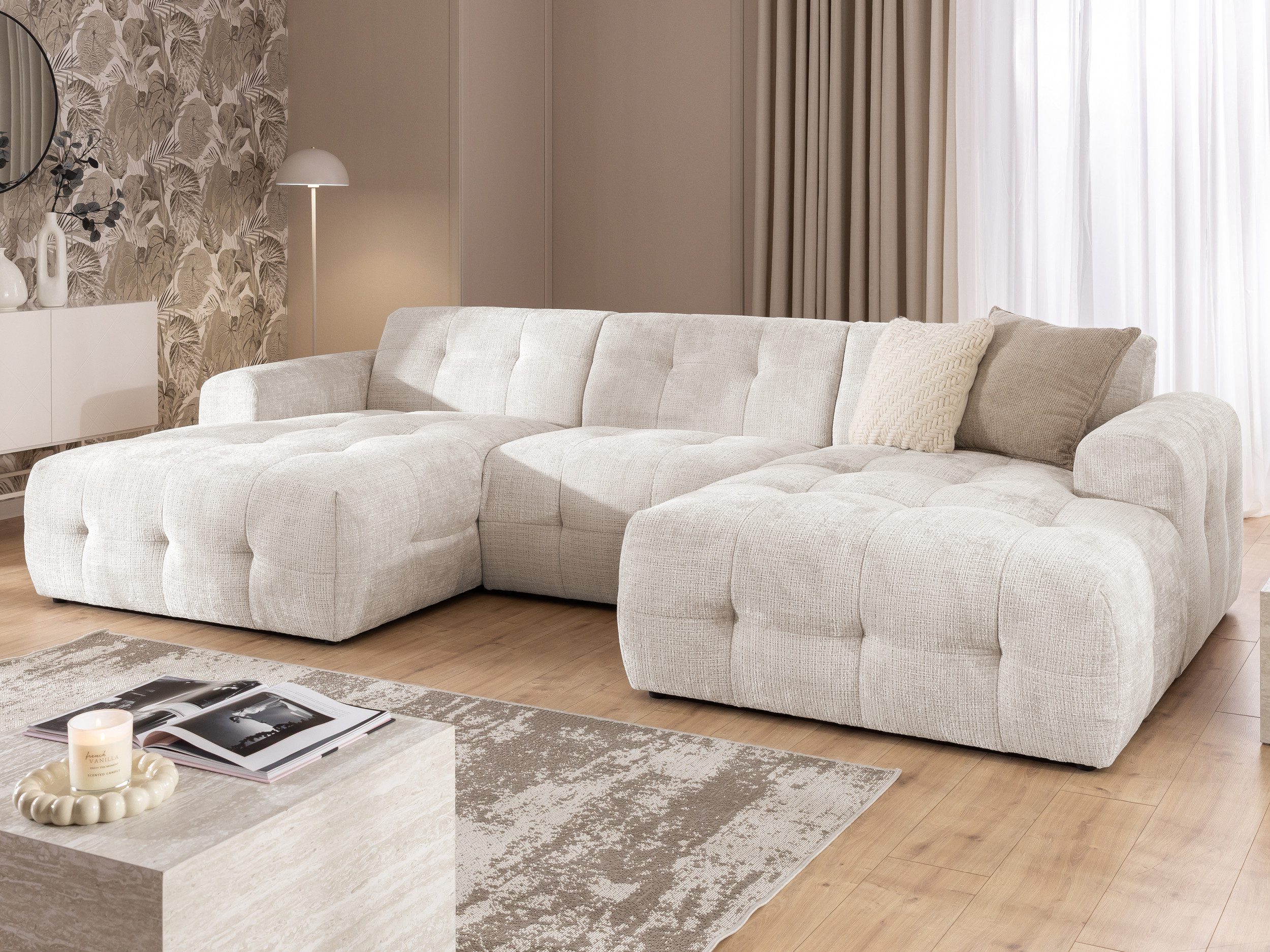 S-Style Möbel Wohnlandschaft Kozy im Bumpy-Design mit fester Rückenlehne aus weichem Chenille-Stoff, mit Wellenfederung