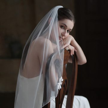 AUKUU Kopftuch Brautschleier Brautschleier schlicht weiß einlagig Spitze, floraler Hochzeitskopfschmuck 80 cm–100 cm