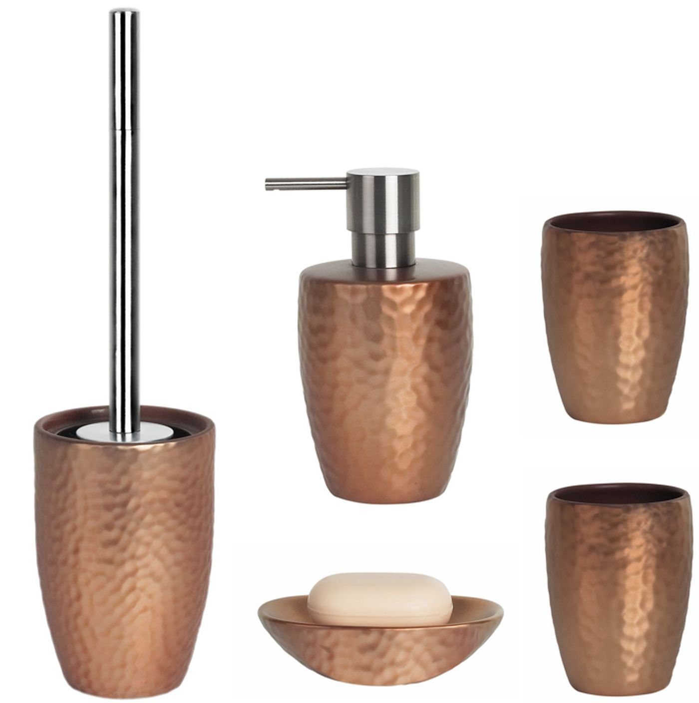 spirella Badaccessoires-Sets DARWIN HAMMERED, Zubehör-Set aus hochwertiger Keramik, Kupferfarben, in origineller Hammerschlag Metall Optik, 5 tlg., bestehend aus: WC-Bürste, Seifenspender, 2x Zahnputzbecher, Seifenschale