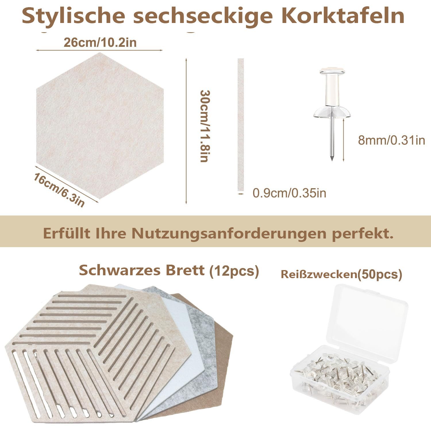 Agger Pinnwand Korktafel Memoboard Pinnwand 12 Stück Filz Pinnwand Sechseckig, Selbstklebende DIY Pinnwand Kork mit 50 Stück Durchsichtig Pushpins