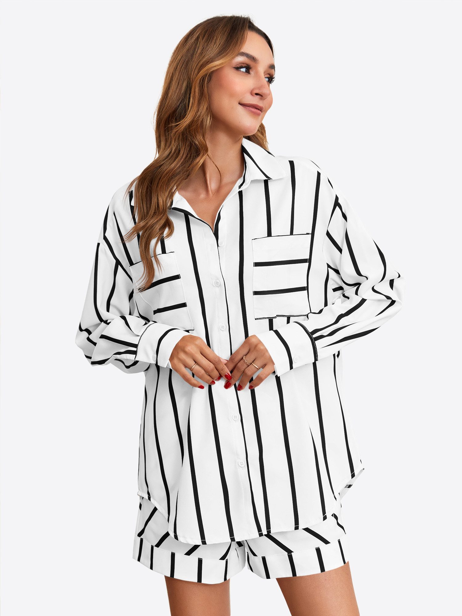 Imily Bela Hausanzug Damen 2-teiliges Freizeitset (Set, 2 tlg., Button-Down-Hemdbluse+Relaxshorts) mit Knöpfen