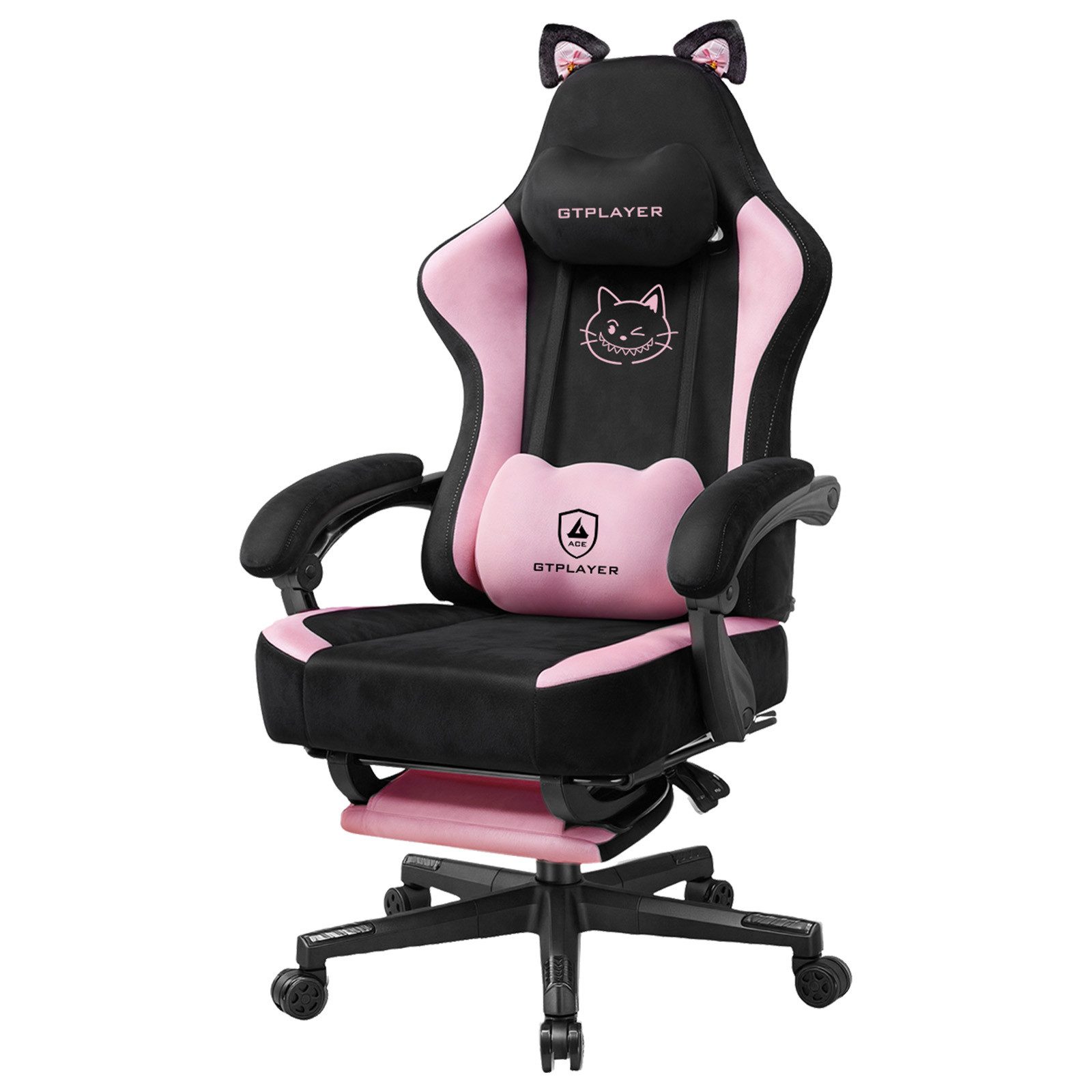 GTPLAYER Gaming-Stuhl mit klappbarer Lordosenstütze und Katzenohren Süße Katze Edition, Ergonomische Gamer Stuhl mit Fußstütze