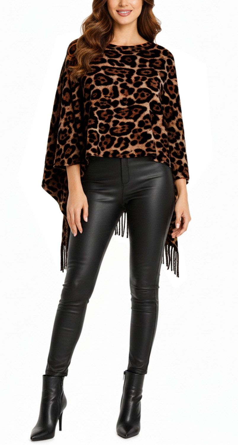 dy_mode Strickponcho Damen Feinstrick Poncho mit Fransen im Leo-Print Cape/ günstig online kaufen