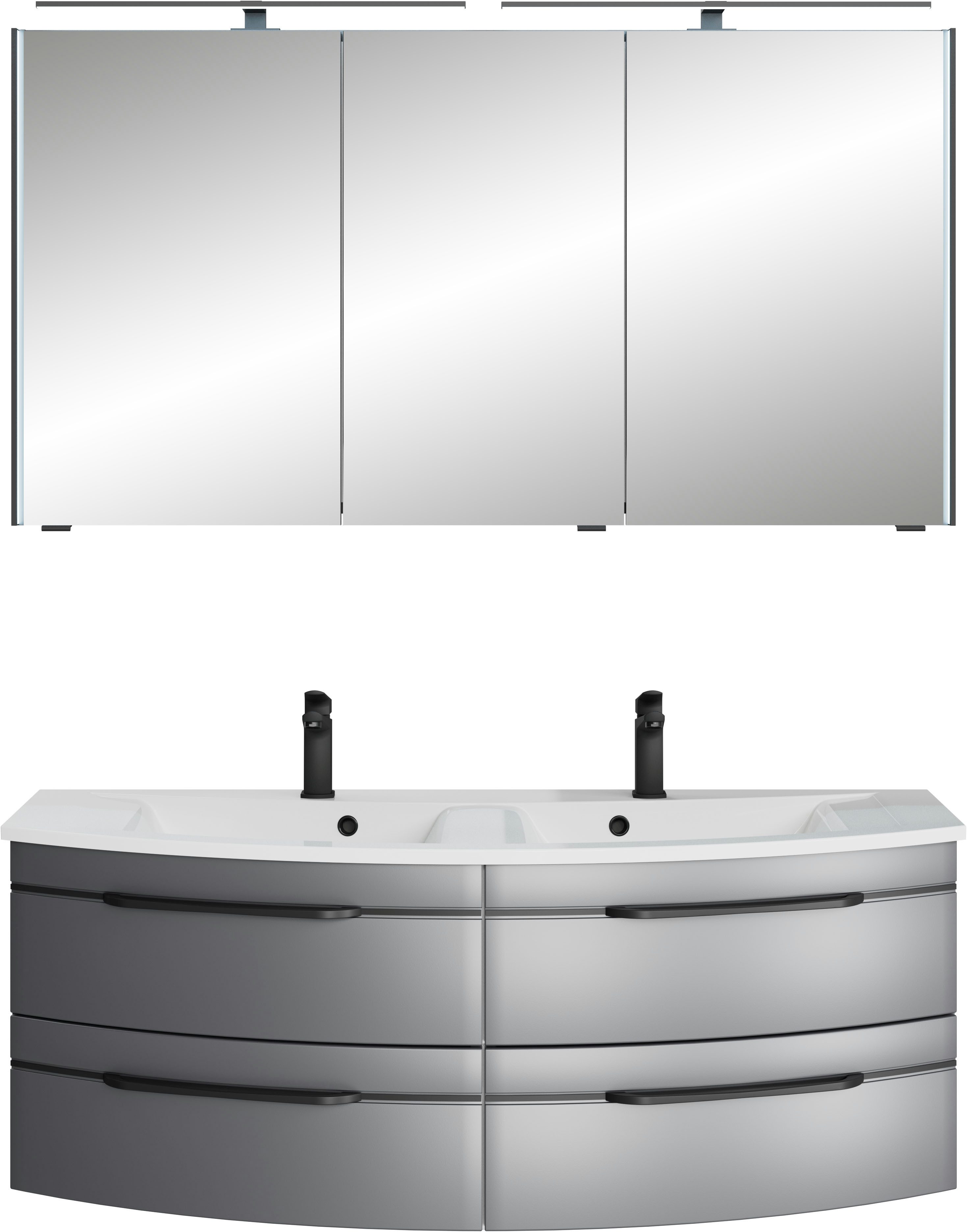 Saphir Badmöbel-Set Badezimmer-Set 133,2 cm breit, inkl. Türdämpfer, 3 Türen, 4 Schubladen, (Set, 2-St), Serie 7045 2-teilig Mineralmarmor-Doppelwaschtisch, LED-Spiegelschrank