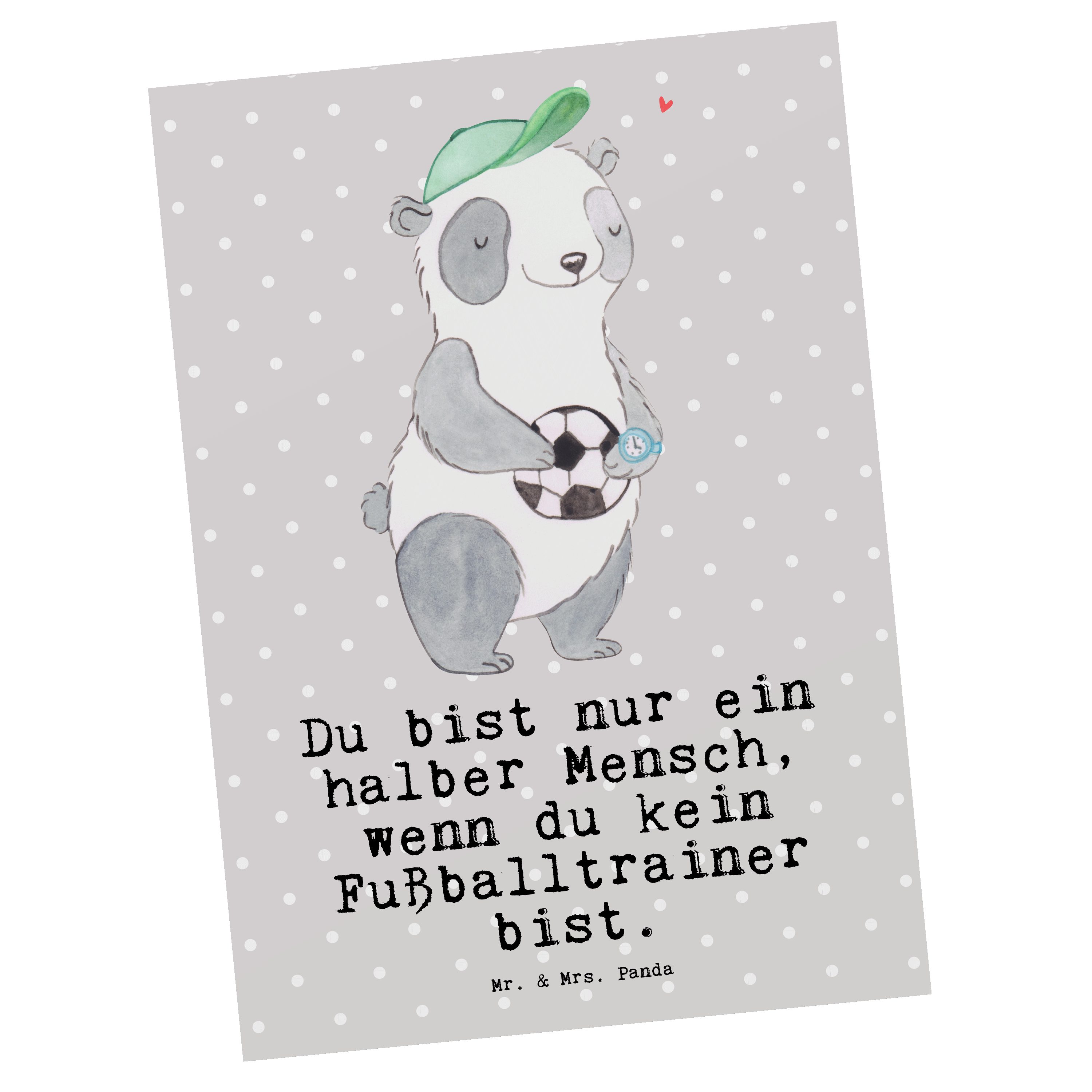 Mr. & Mrs. Panda Postkarte Fußballtrainer mit Herz - Grau Pastell - Geschenk, Fußballspiel, Dank