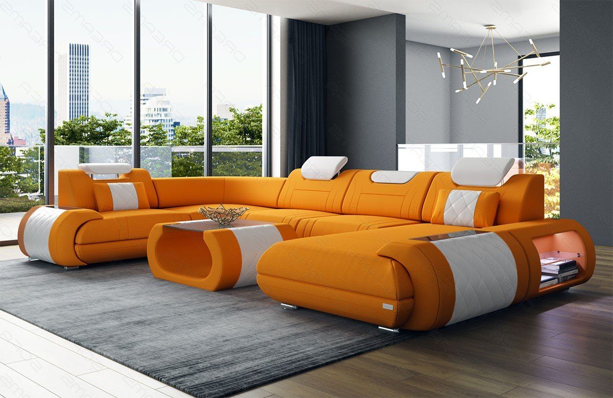 Mikrofaser Sofa apricot-weiß Bettfunktion Wohnlandschaft Rimini M Couch Dreams Stoffsofa, Sofa mit Stoff Polster wahlweise Form U