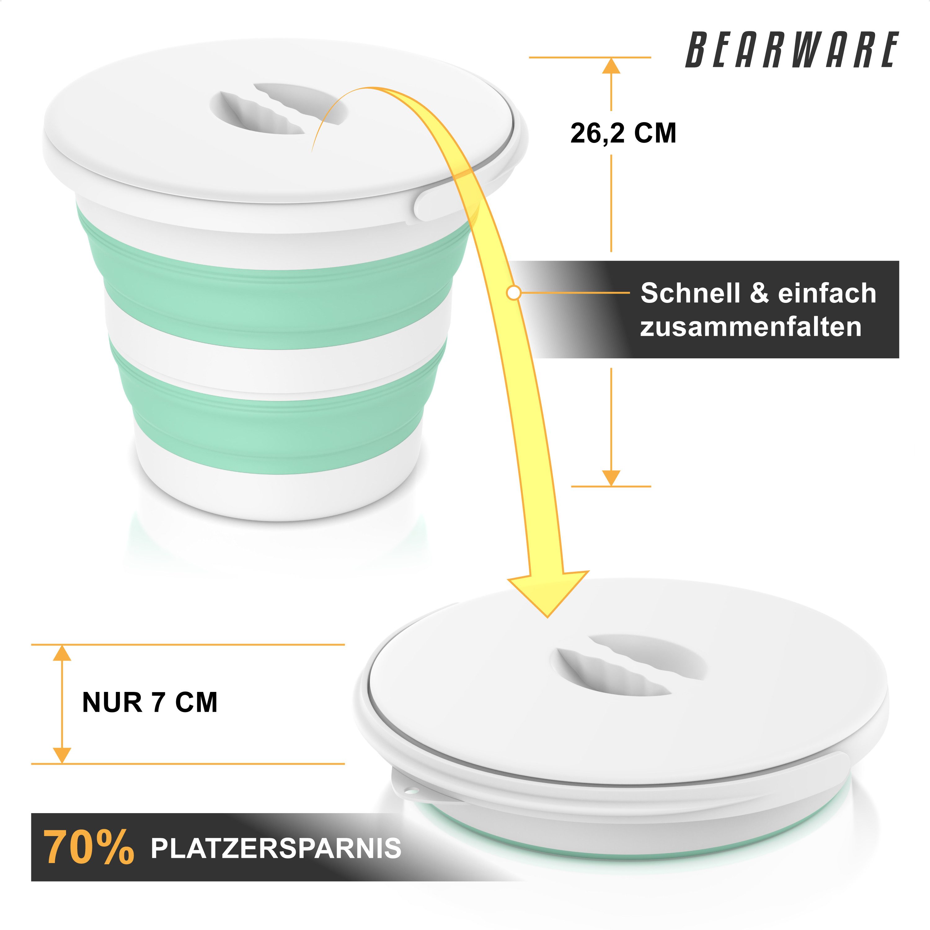 BEARWARE Falteimer Putzeimer 10 l mit Deckel, Campingeimer mit Griff & Öse, rund, (1-tlg), faltbar von 26,2 zu 7 cm, schmutzabweisend, BPA-freies Silikon