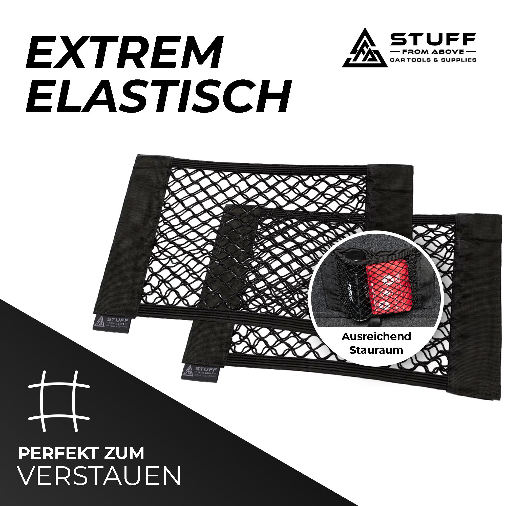 stuff from above Auto-Rückenlehnentasche als Kofferraumnetz mit extra starkem Klett - Autonetz 38x25 cm (4-tlg., Aufbewahrungsnetz im 2er oder 4er Set), Kofferr – Bild 4 von 5