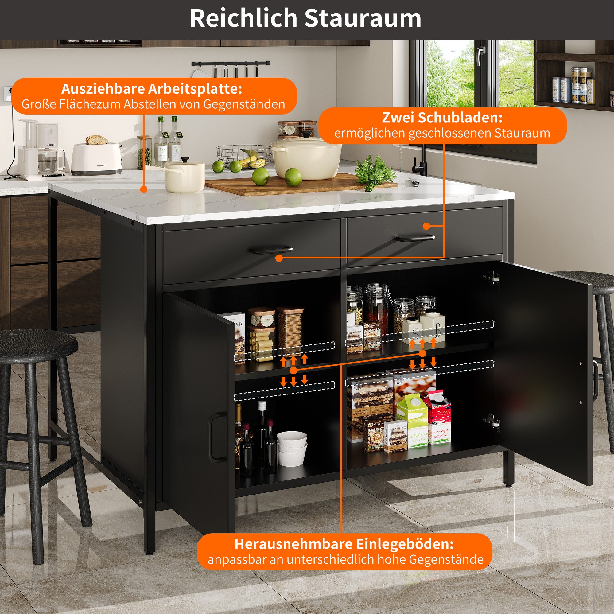 Flieks Stehtisch Bartisch/Küchenschrank mit 2 Schubladen und Türen (B100/T90/H90 cm, 1-St., Arbeitsplatte in weiße Marmoroptik, mit verstellbare Fußpolstern), Küchentisch mit Kommode Kücheninsel mit Esstisch schwarz, Eisengestell