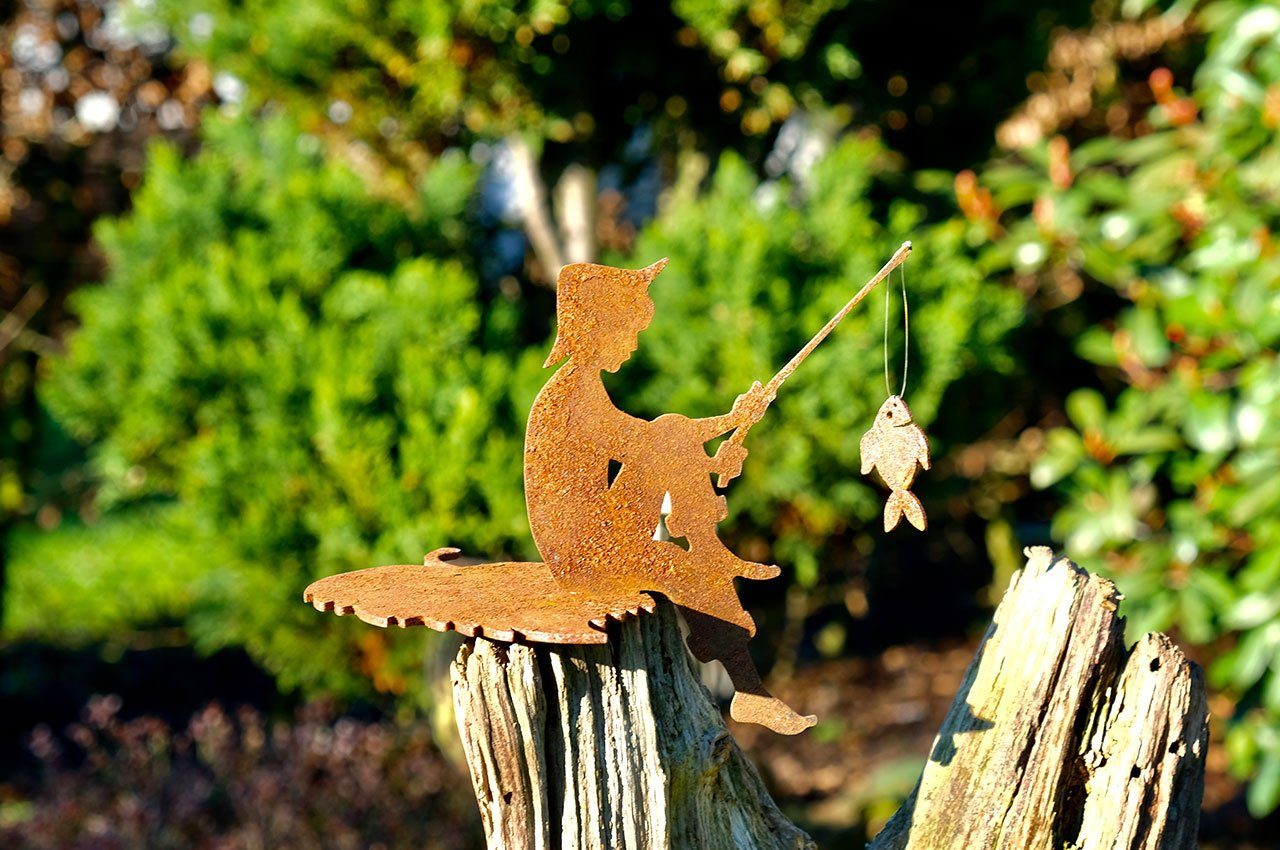 Gartendeko Rost, mit (1 Kantenhocker St) Gartenfigur ILLUMINO Metall Sitzenbleiber Blatt Angler