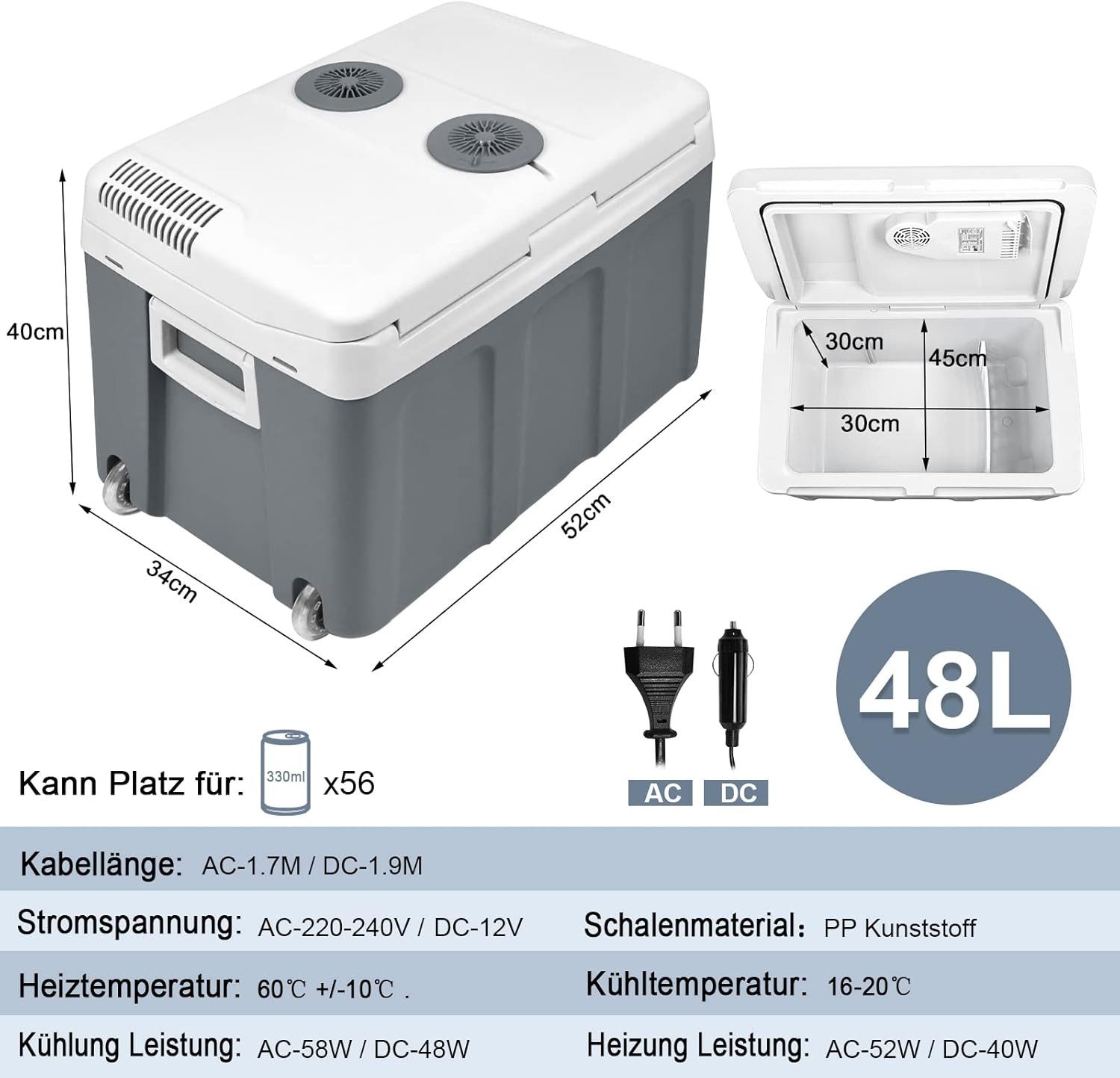 FIVMEN Kühlbox Kompressor Mini-Kühlschrank mit Rollen zum Warmhalten und Kühlen, für Auto, Lkw, Boot, Reisemobil Steckdose, mit ECO Modus 12 V / 230 V