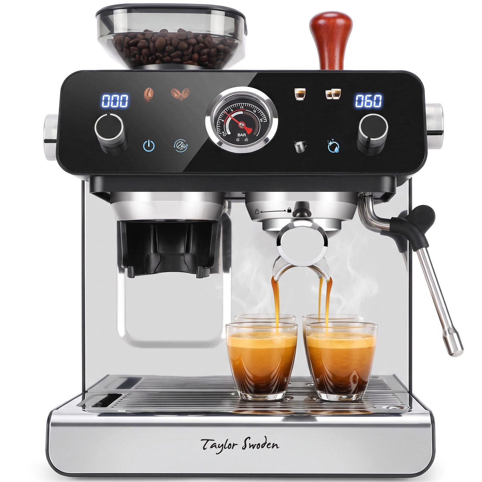 Taylor Swoden Espressomaschine Siebträgermaschine mit Mahlwerk, 20 Bar, PID & Milchaufschäumer, PID & 35 Mahlgrade, 58mm Edelstahl Siebträger, Dosierring, Barista-Kit