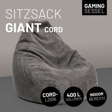 Lumaland Sitzsack GIANT Cord Sitzsack Stabile Lehne ideal fürs Gaming, verdeckter Reißverschluss, trendig & Gemütlichkeit vereint